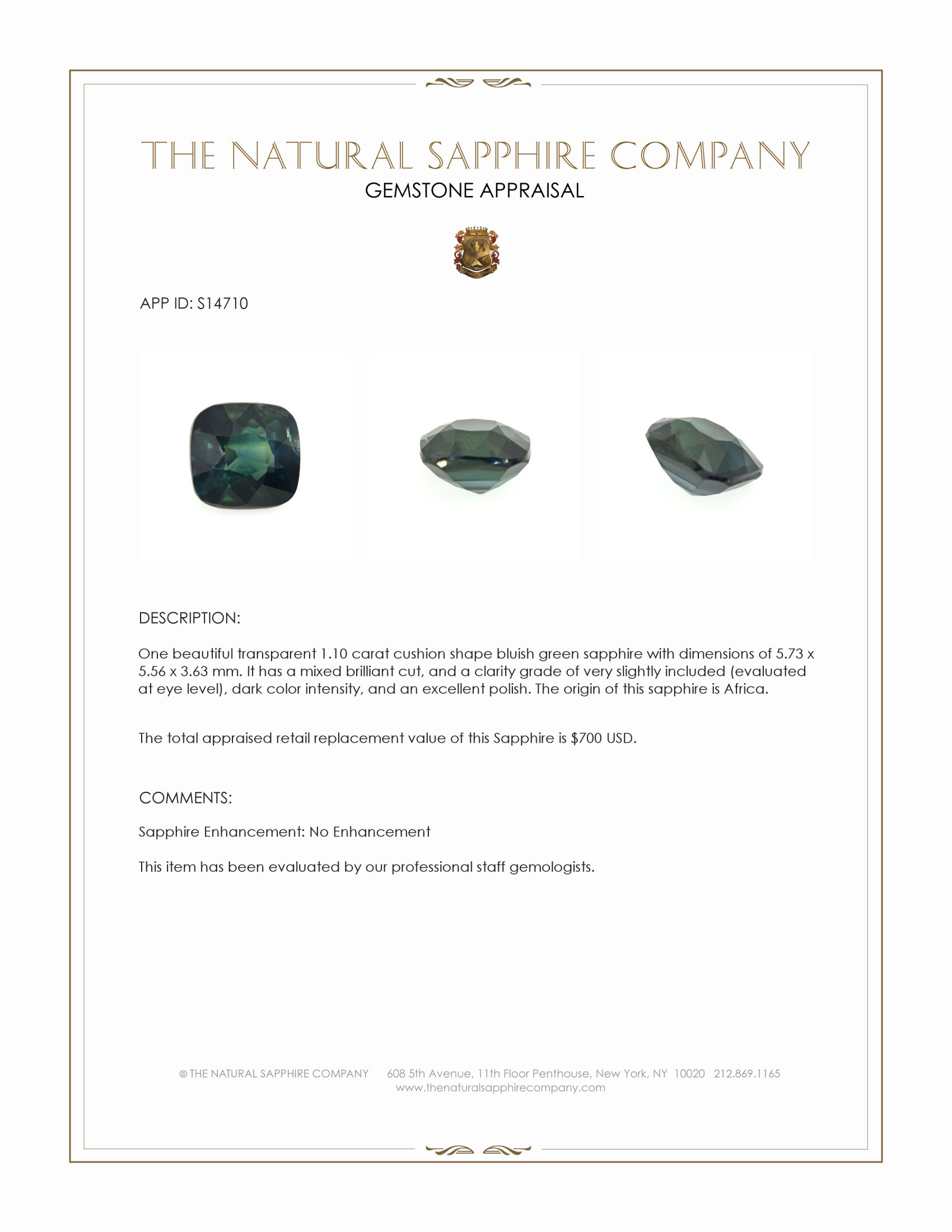 1.10 Ct. Bluish Green Sapphire from Africa