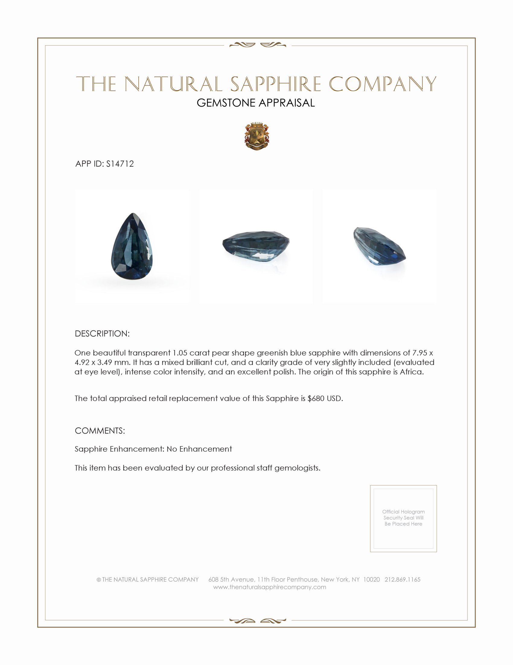 1.05 Ct. Greenish Blue Sapphire from Africa