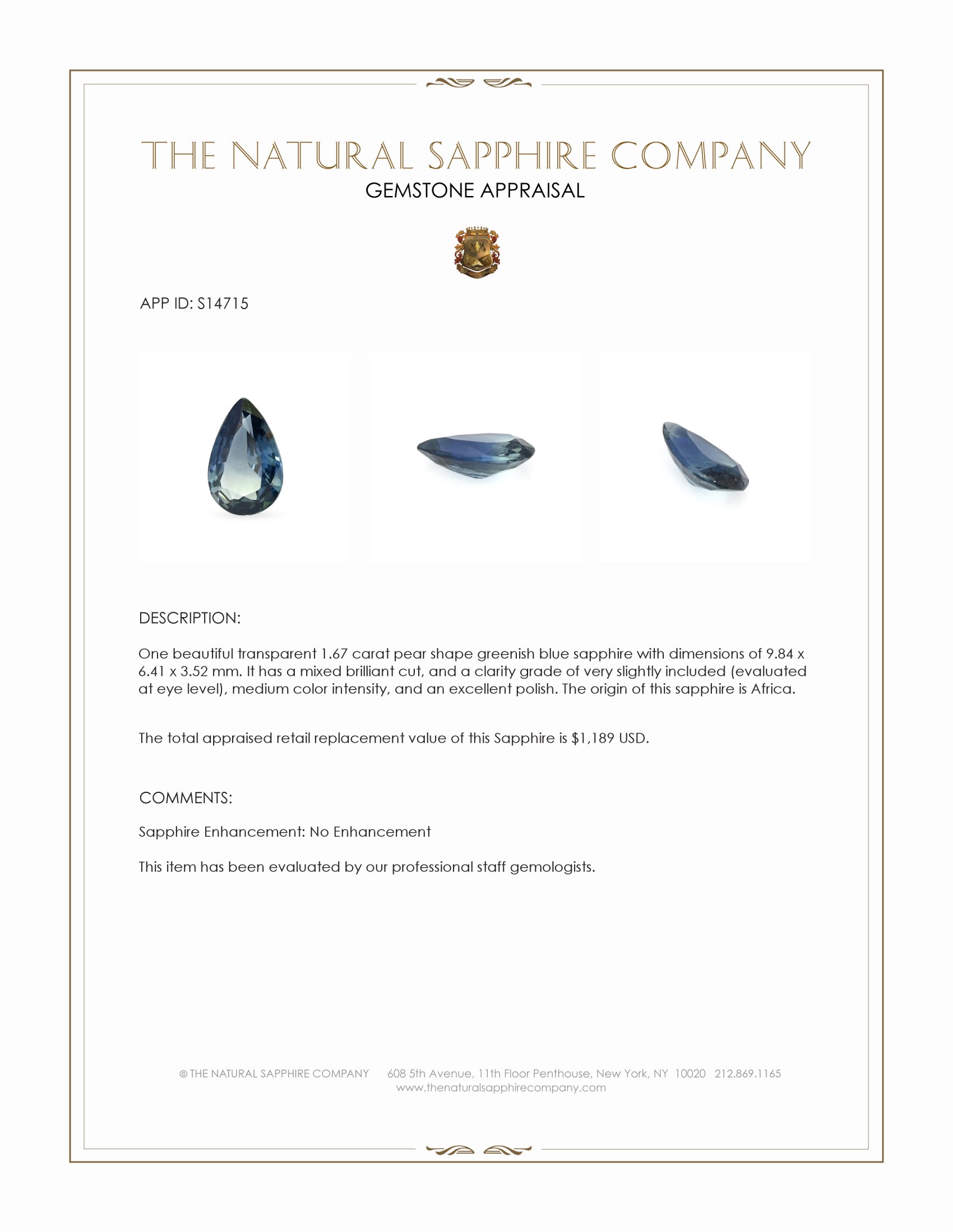 1.67 Ct. Greenish Blue Sapphire from Africa