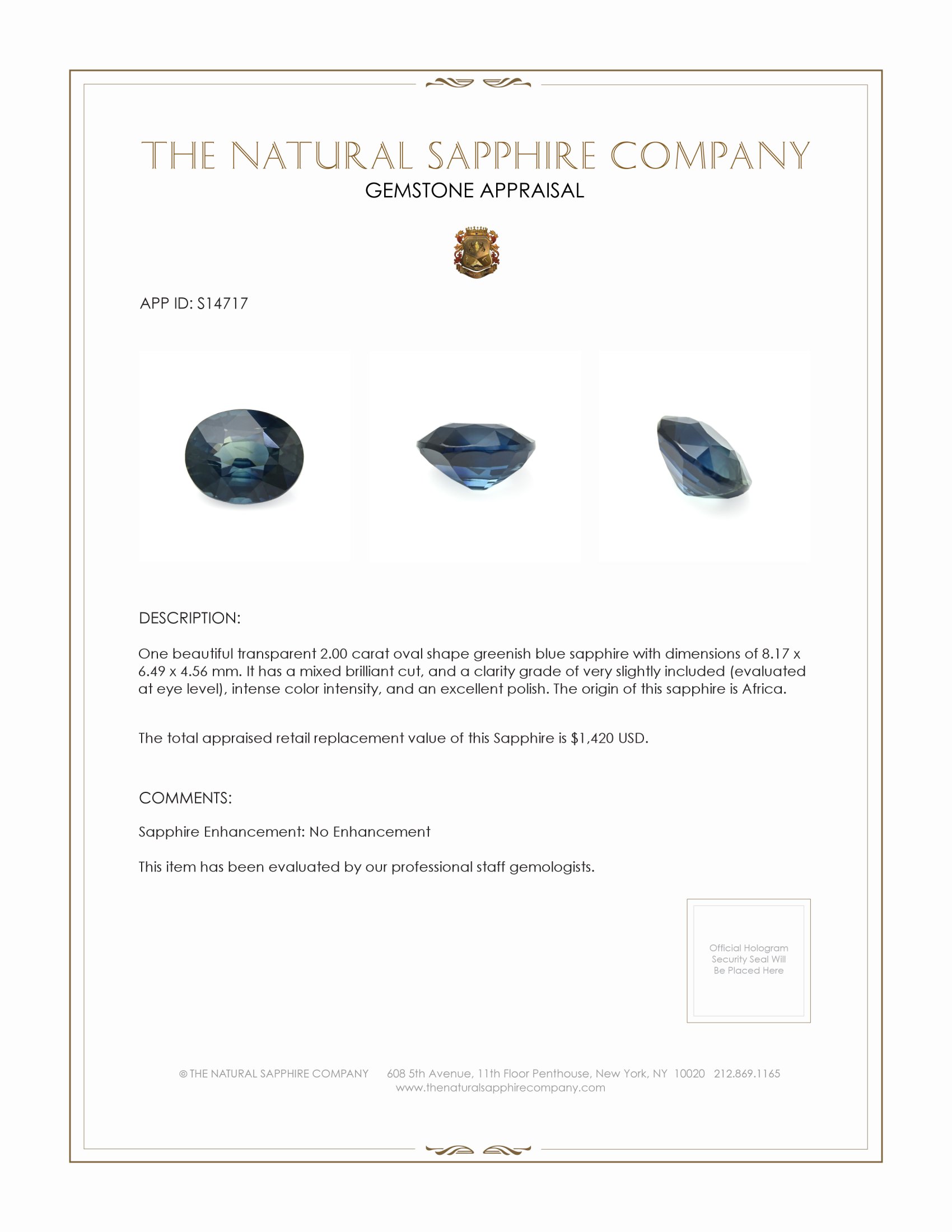 2.00 Ct. Greenish Blue Sapphire from Africa
