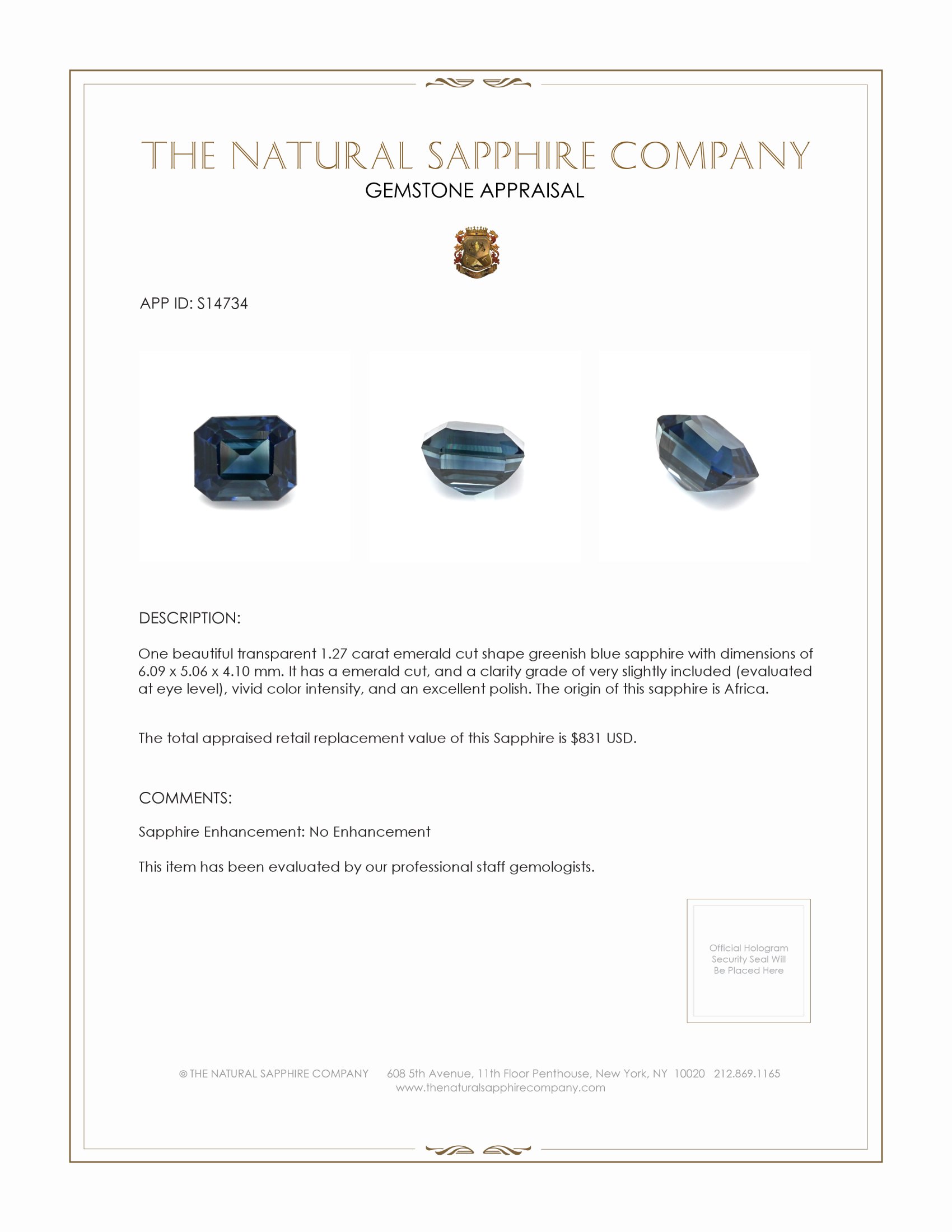 1.27 Ct. Greenish Blue Sapphire from Africa