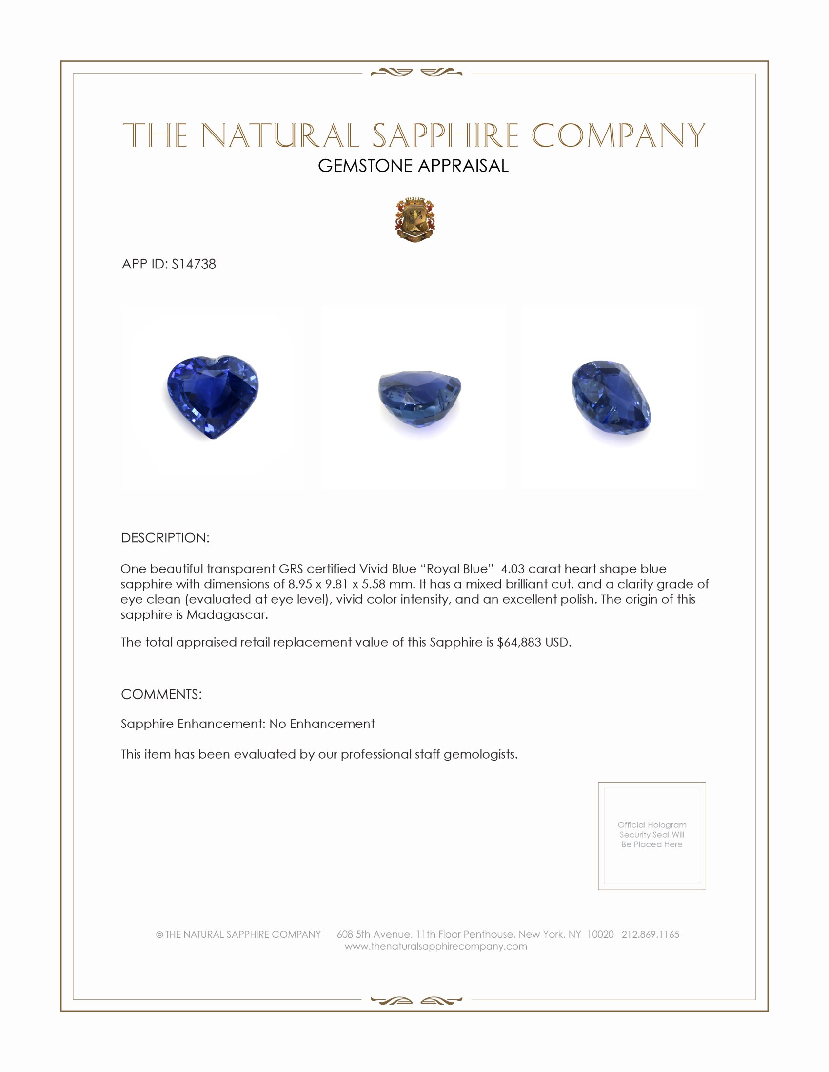 4.03 Ct. Blue Sapphire from Madagascar