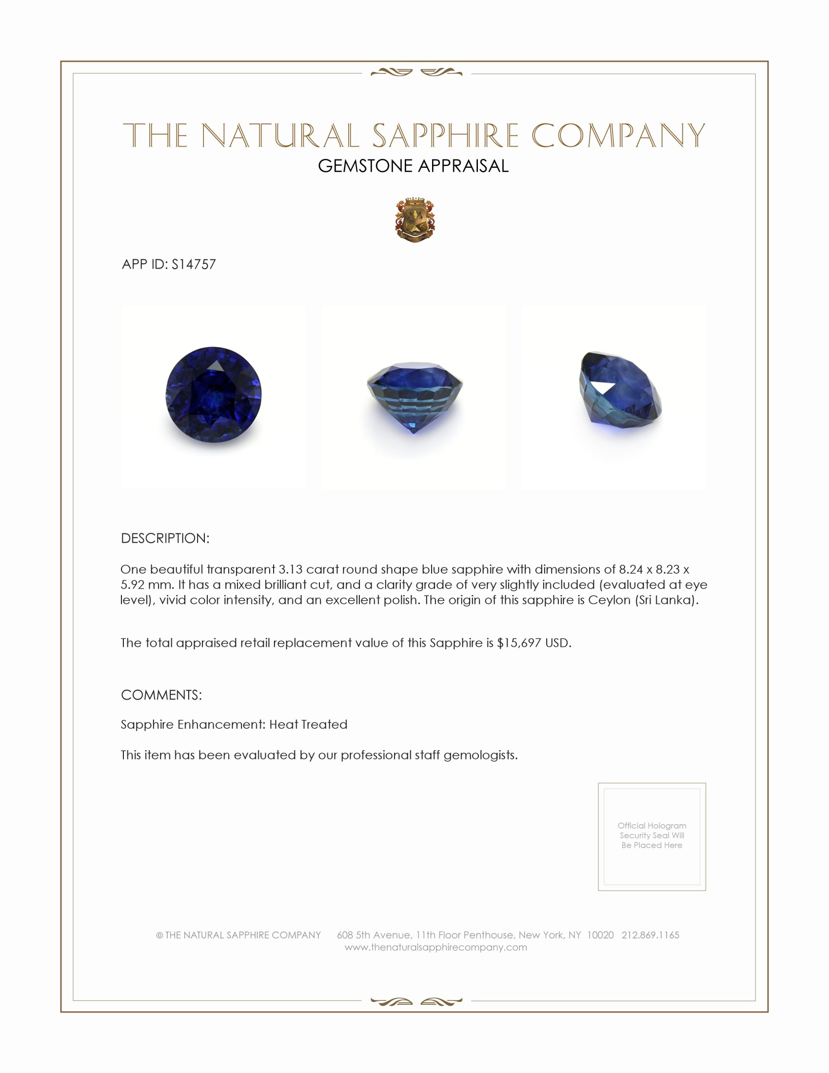 3.13 Ct. Blue Sapphire from Ceylon (Sri Lanka)