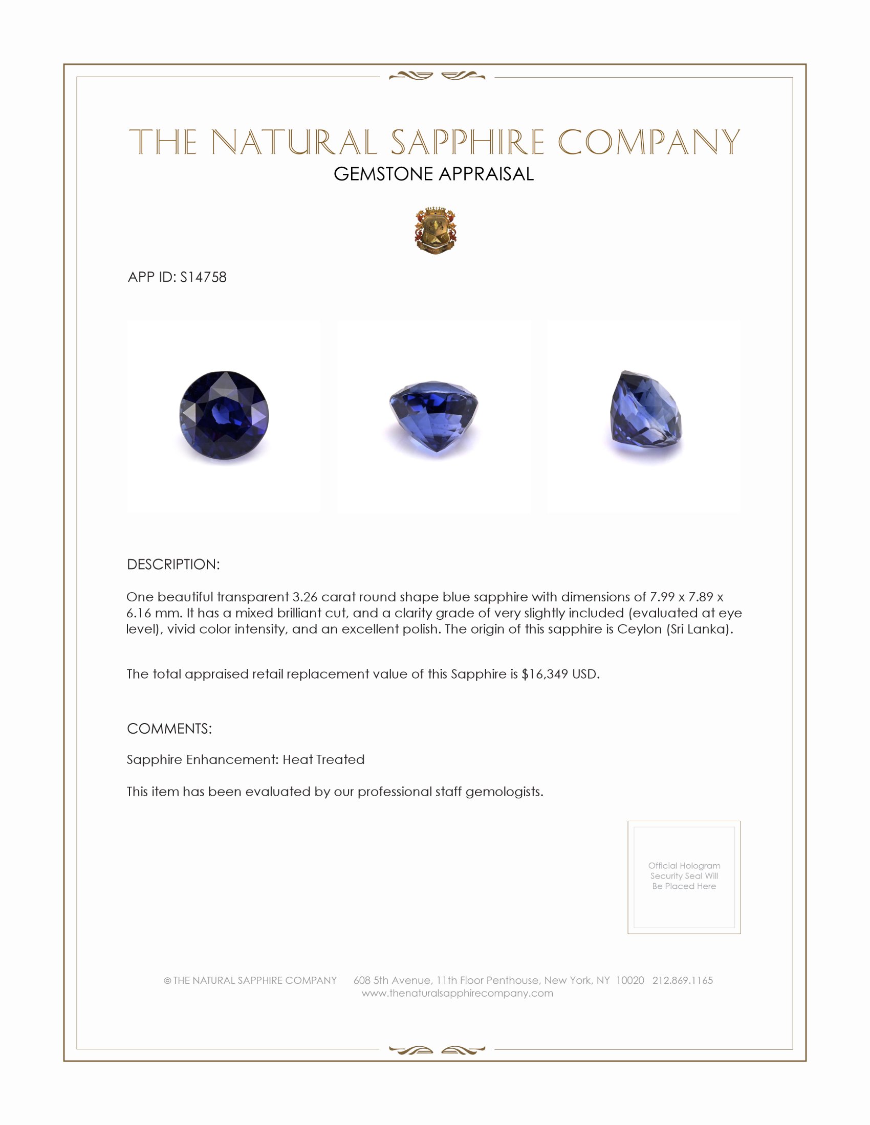 3.26 Ct. Blue Sapphire from Ceylon (Sri Lanka)