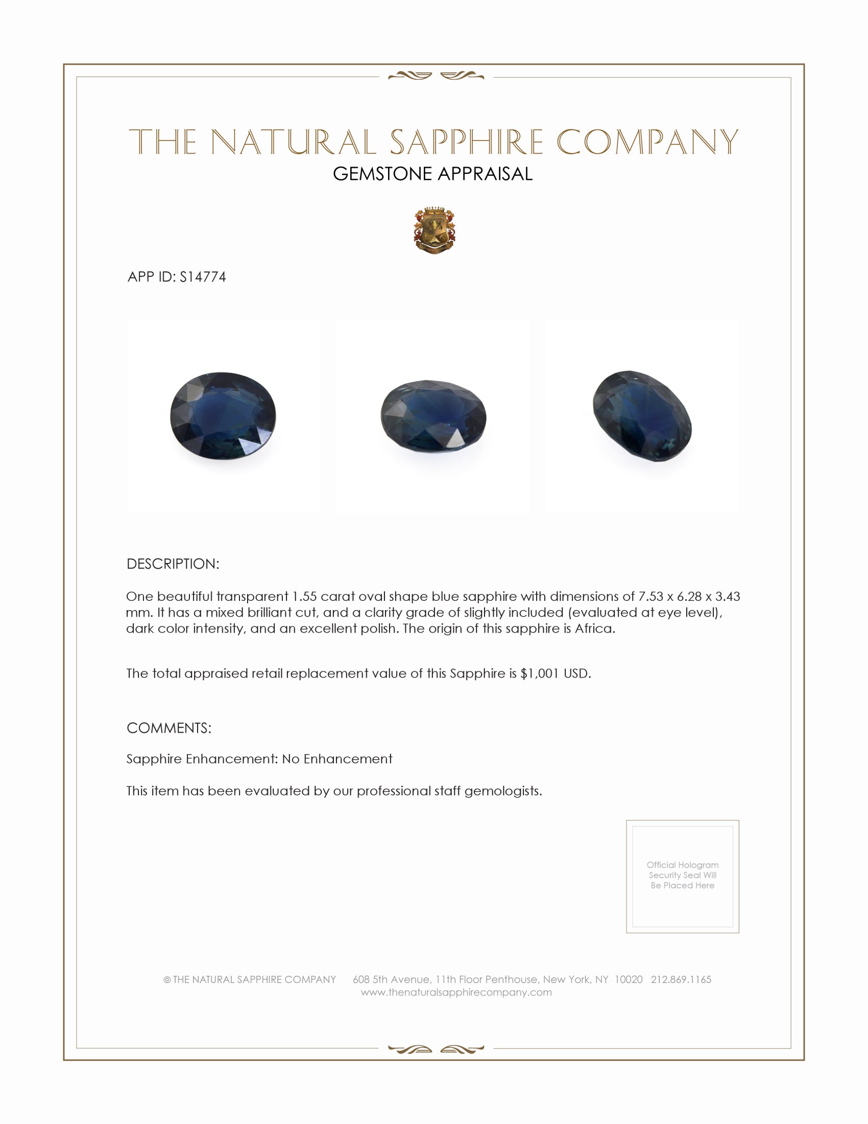 1.55 Ct. Blue Sapphire from Africa