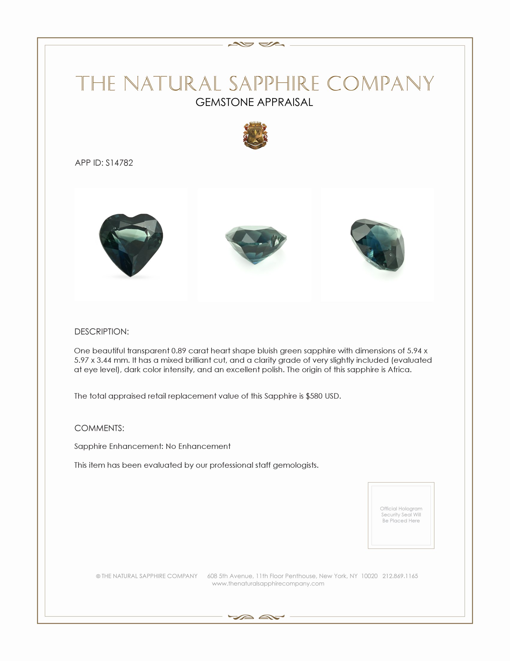 0.89 Ct. Bluish Green Sapphire from Africa