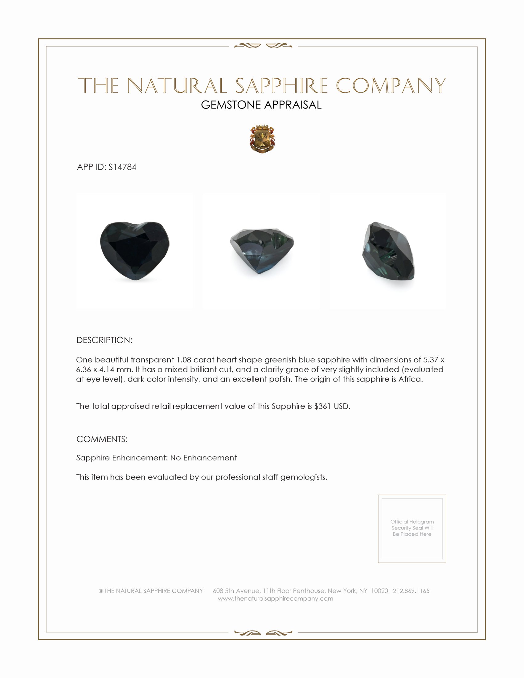 1.08 Ct. Greenish Blue Sapphire from Africa