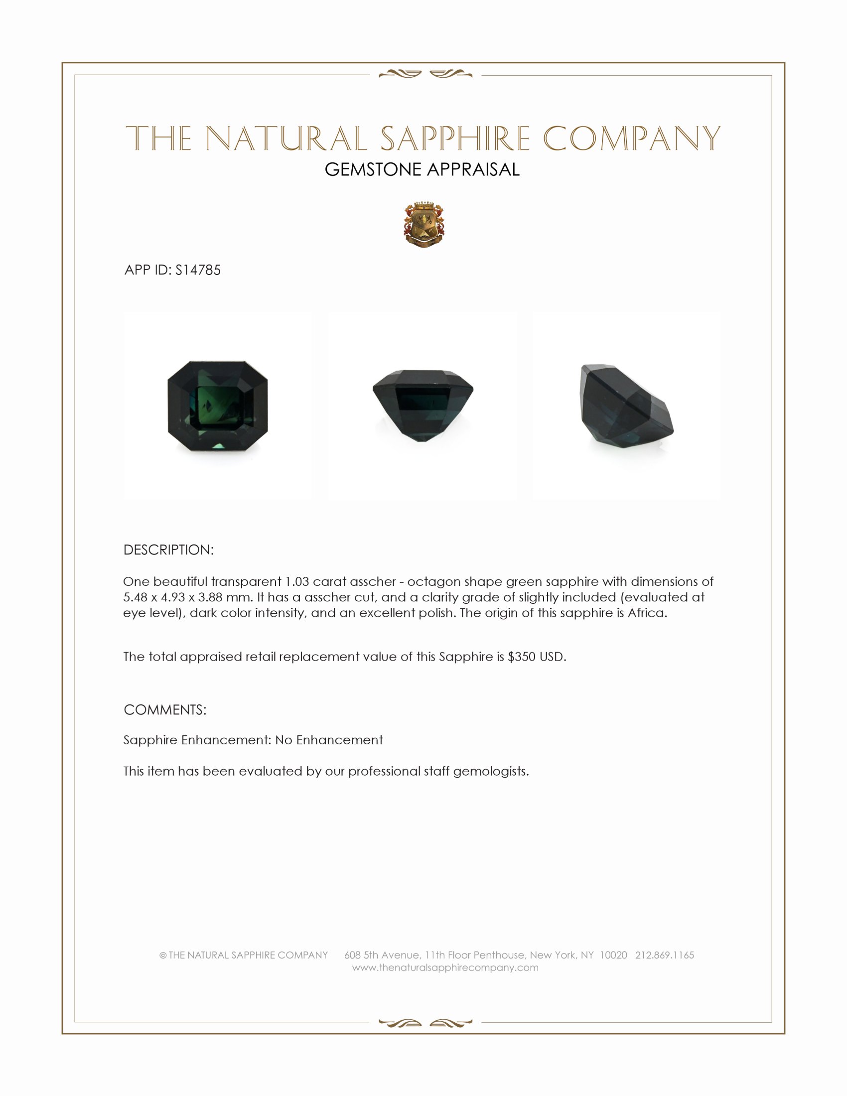 1.03 Ct. Green Sapphire from Africa