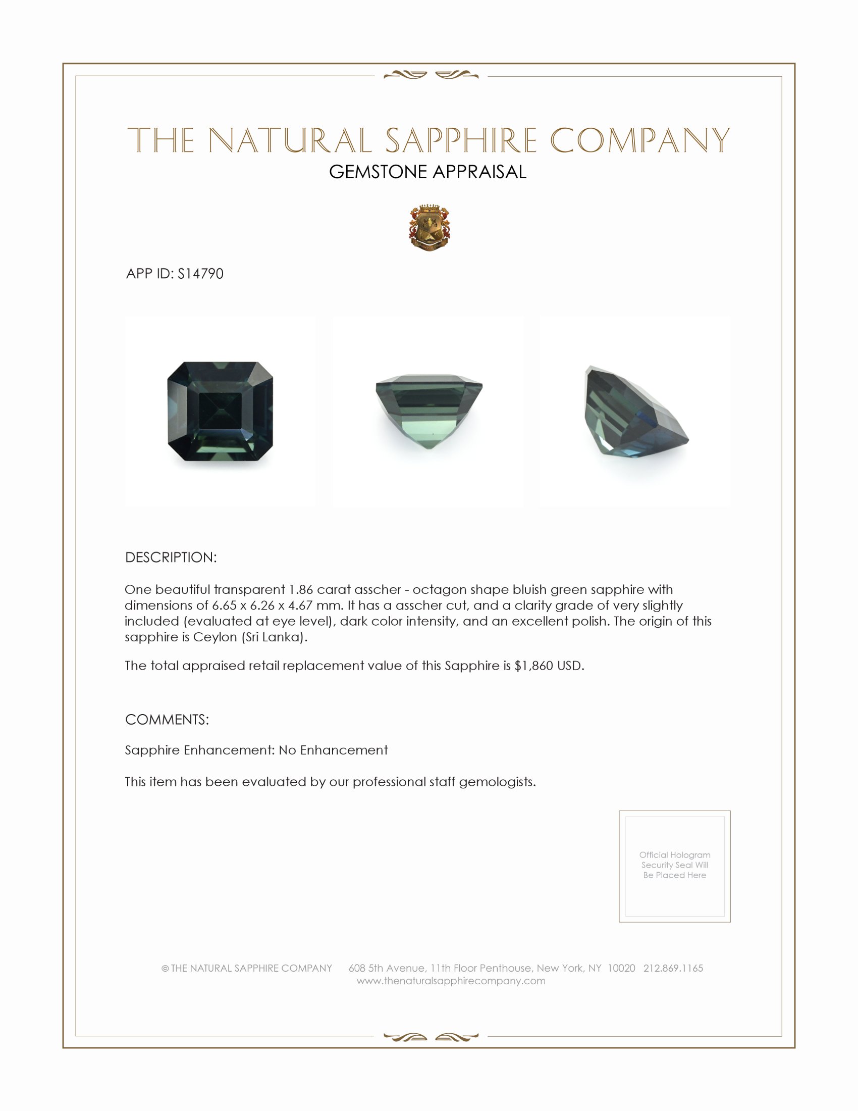 1.86 Ct. Bluish Green Sapphire from Ceylon (Sri Lanka)