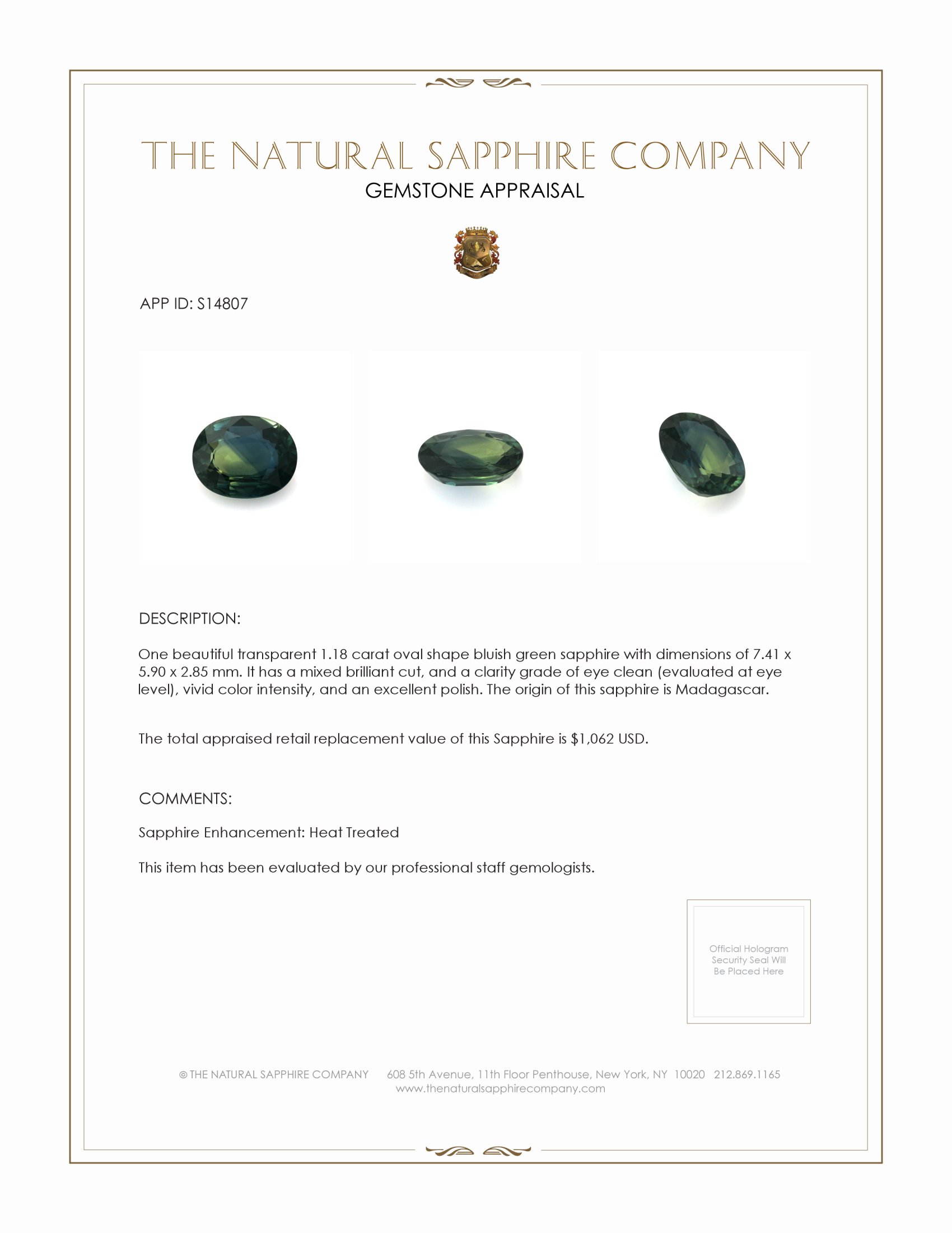 1.18 Ct. Bluish Green Sapphire from Madagascar