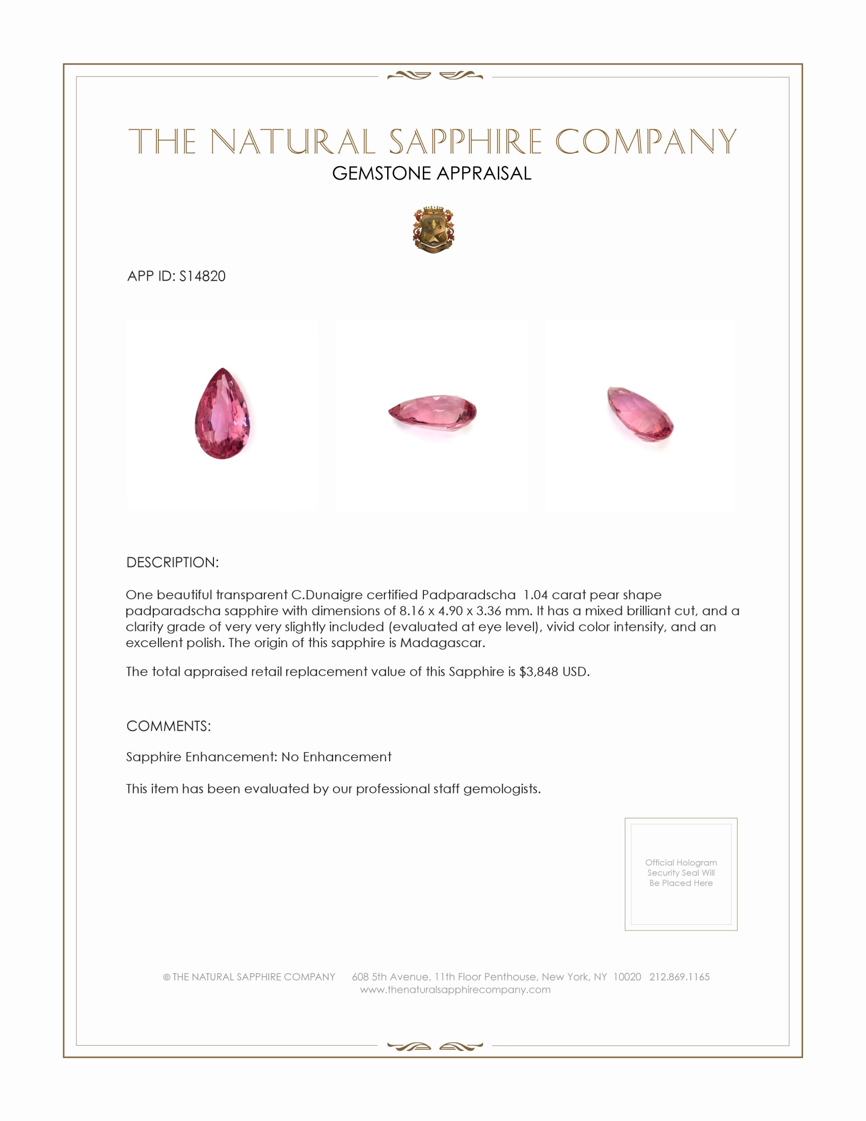 1.04 Ct. Padparadscha Sapphire from Madagascar