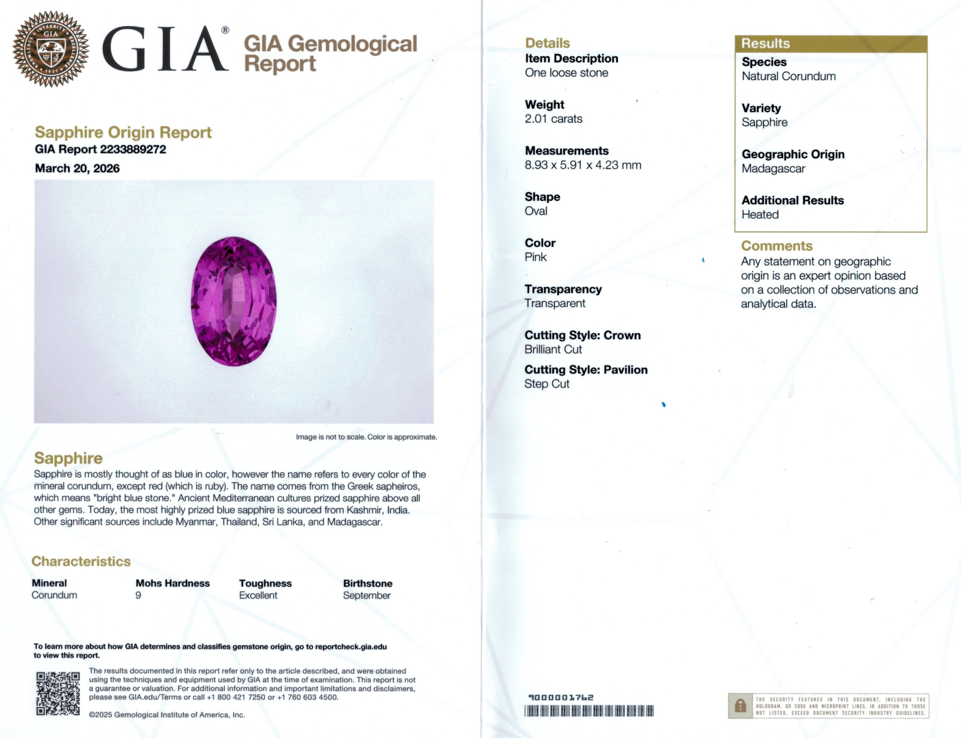 2.01 Ct. Pink Sapphire from Ceylon (Sri Lanka)