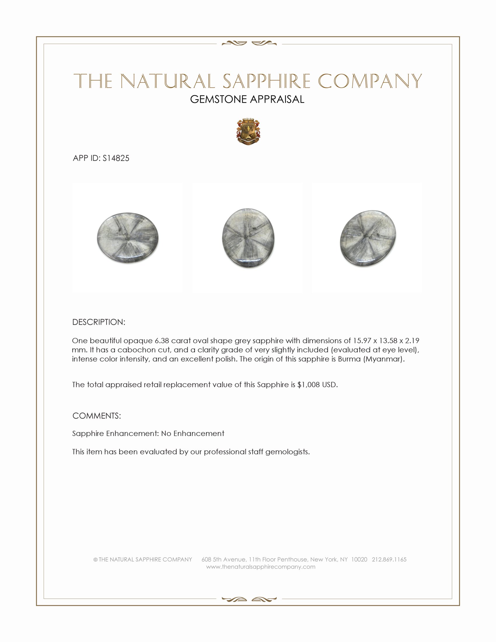 6.38 Ct. Grey Cabochon Sapphire from Burma (Myanmar)