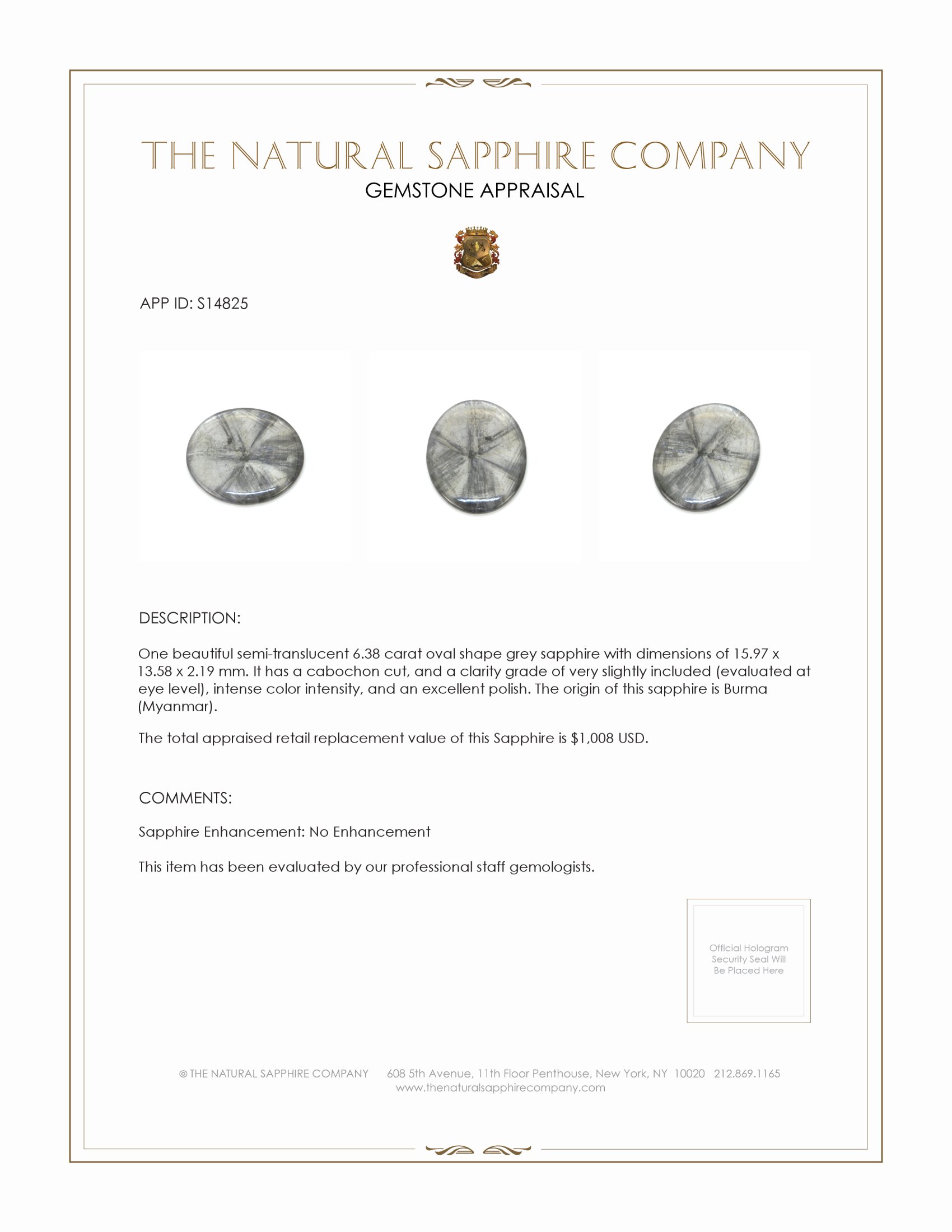 6.38 Ct. Grey Cabochon Sapphire from Burma (Myanmar)