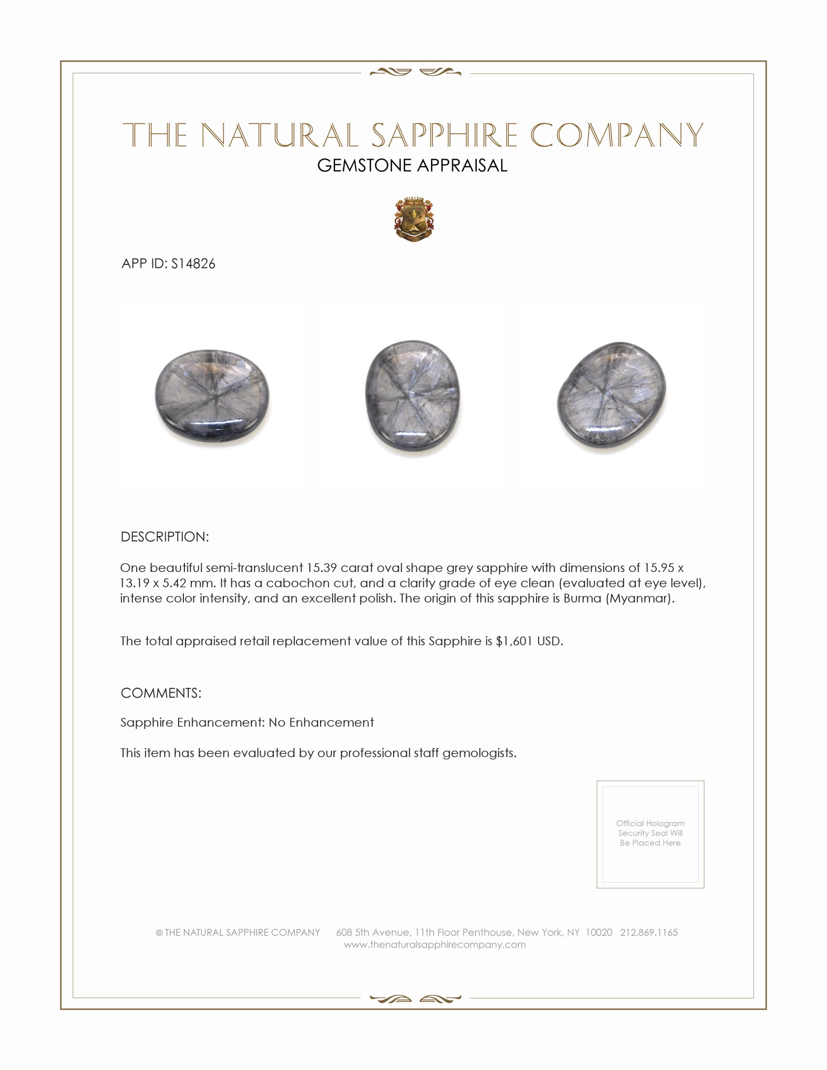 15.39 Ct. Grey Cabochon Sapphire from Burma (Myanmar)