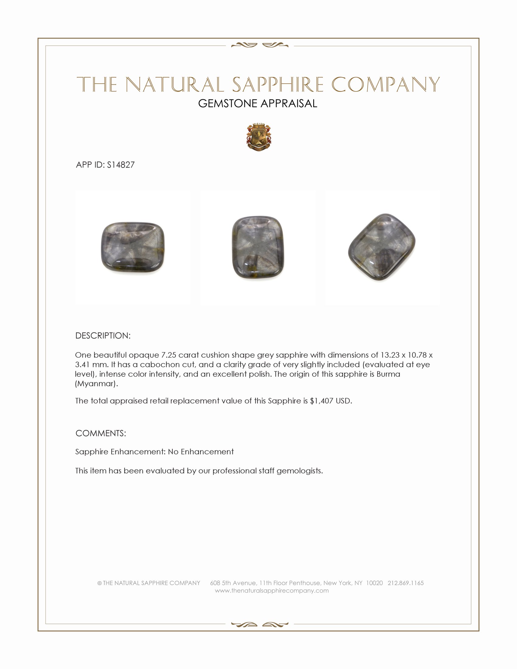 7.25 Ct. Grey Cabochon Sapphire from Burma (Myanmar)