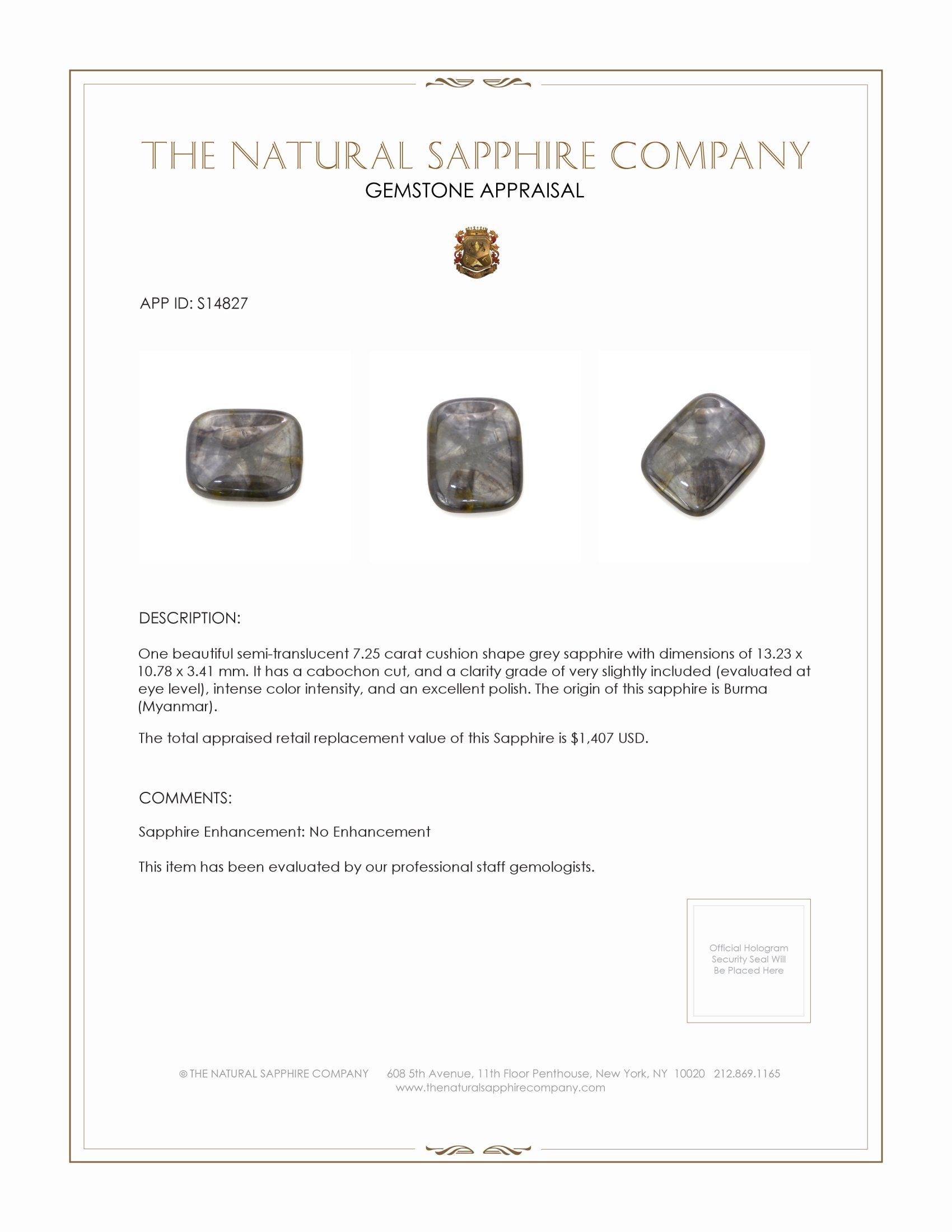 7.25 Ct. Grey Cabochon Sapphire from Burma (Myanmar)