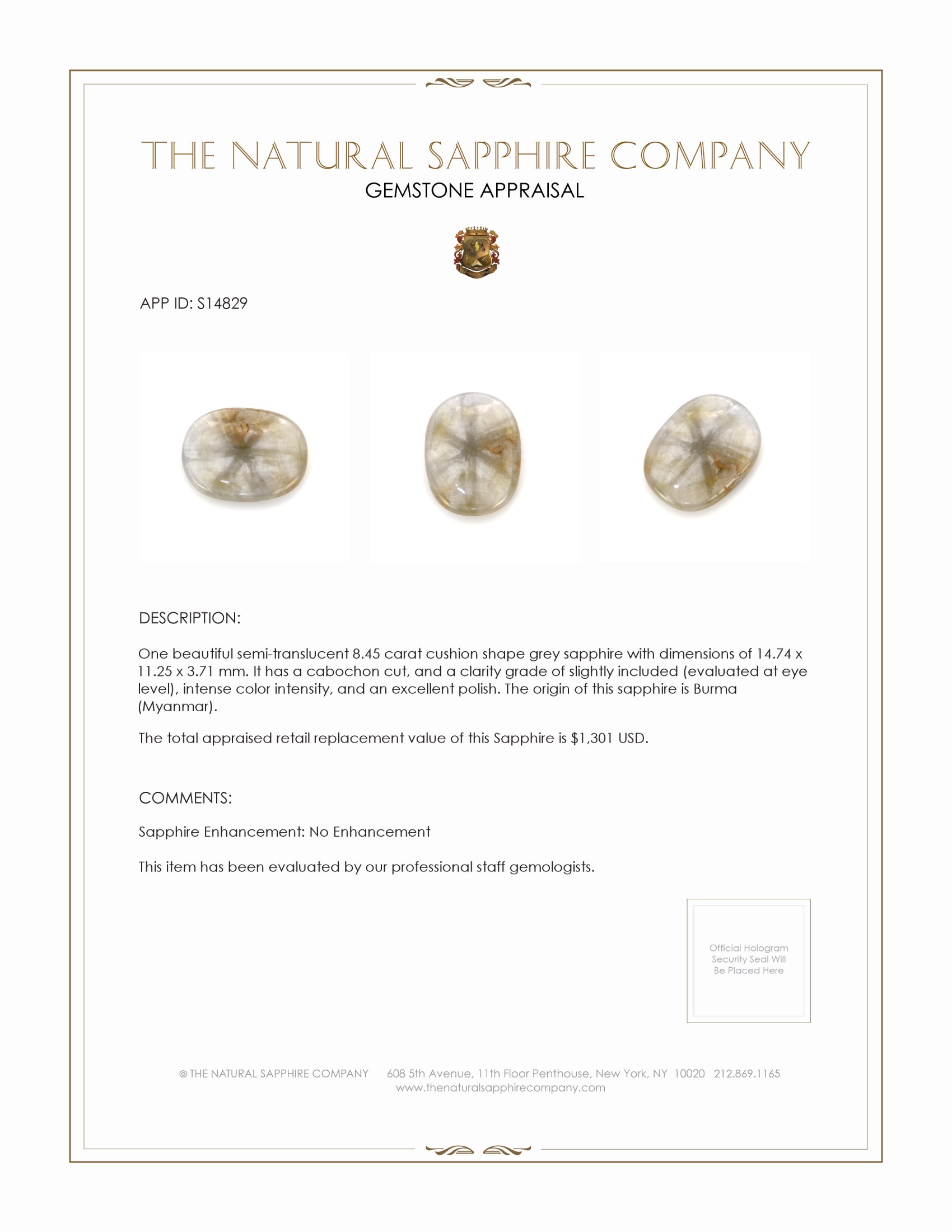 8.45 Ct. Grey Cabochon Sapphire from Burma (Myanmar)