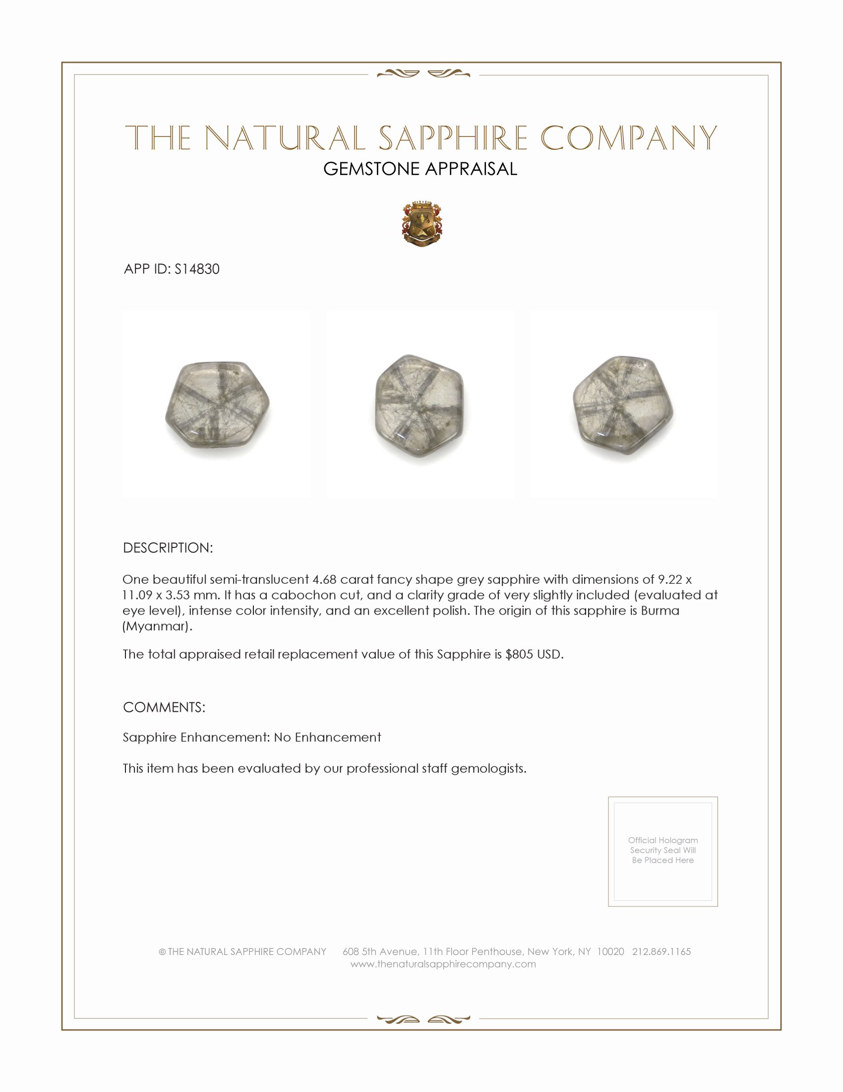 4.68 Ct. Grey Cabochon Sapphire from Burma (Myanmar)