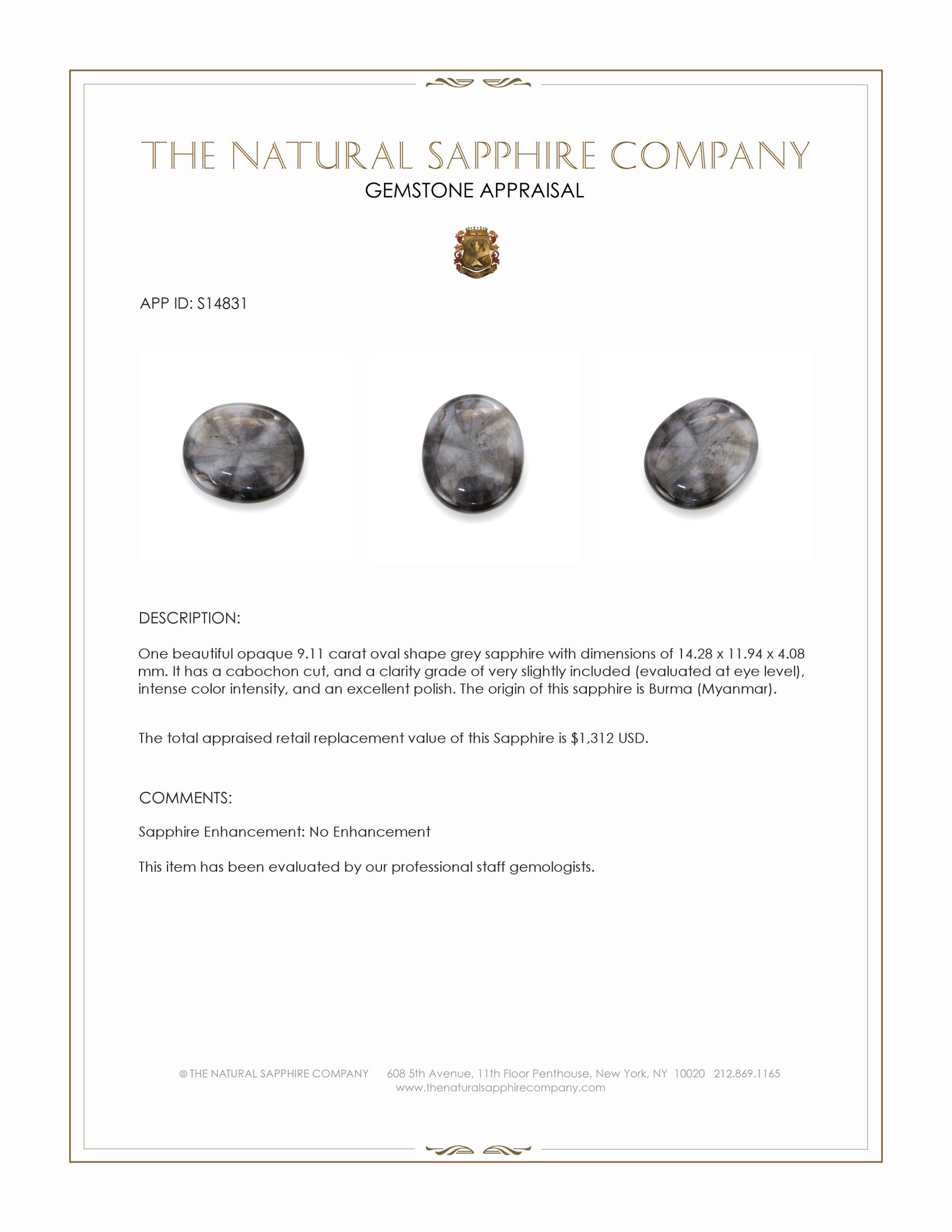 9.11 Ct. Grey Cabochon Sapphire from Burma (Myanmar)