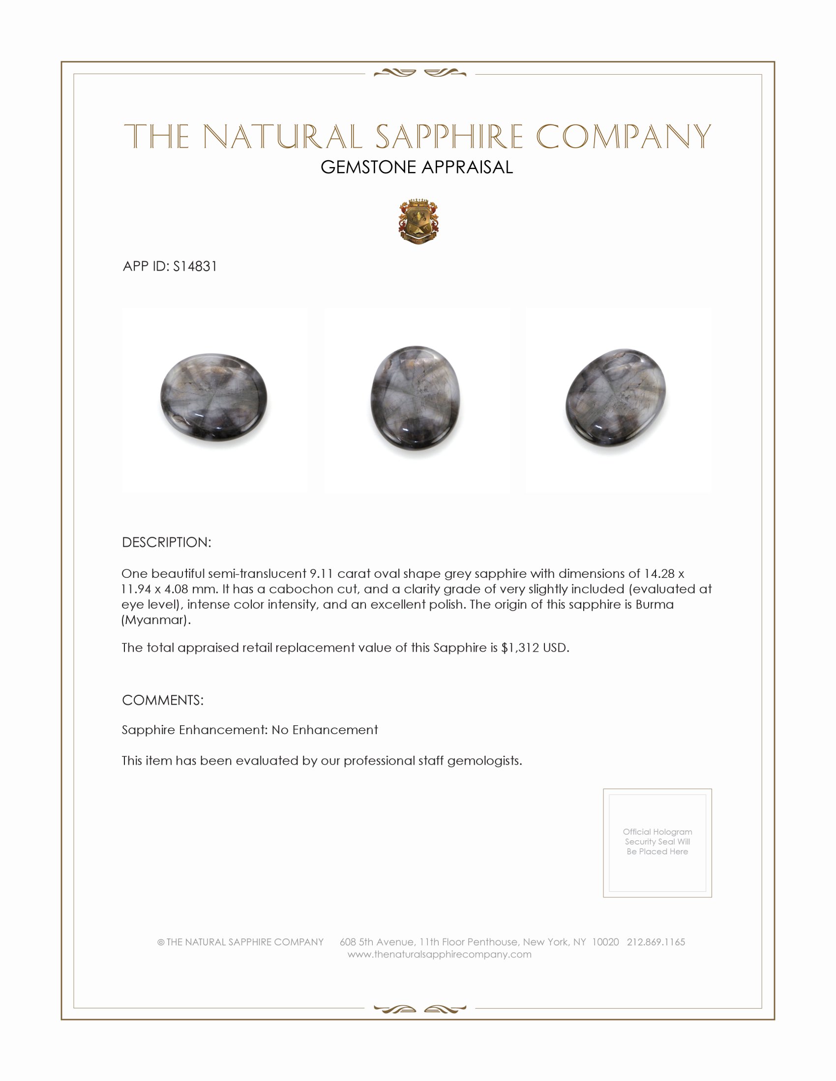 9.11 Ct. Grey Cabochon Sapphire from Burma (Myanmar)