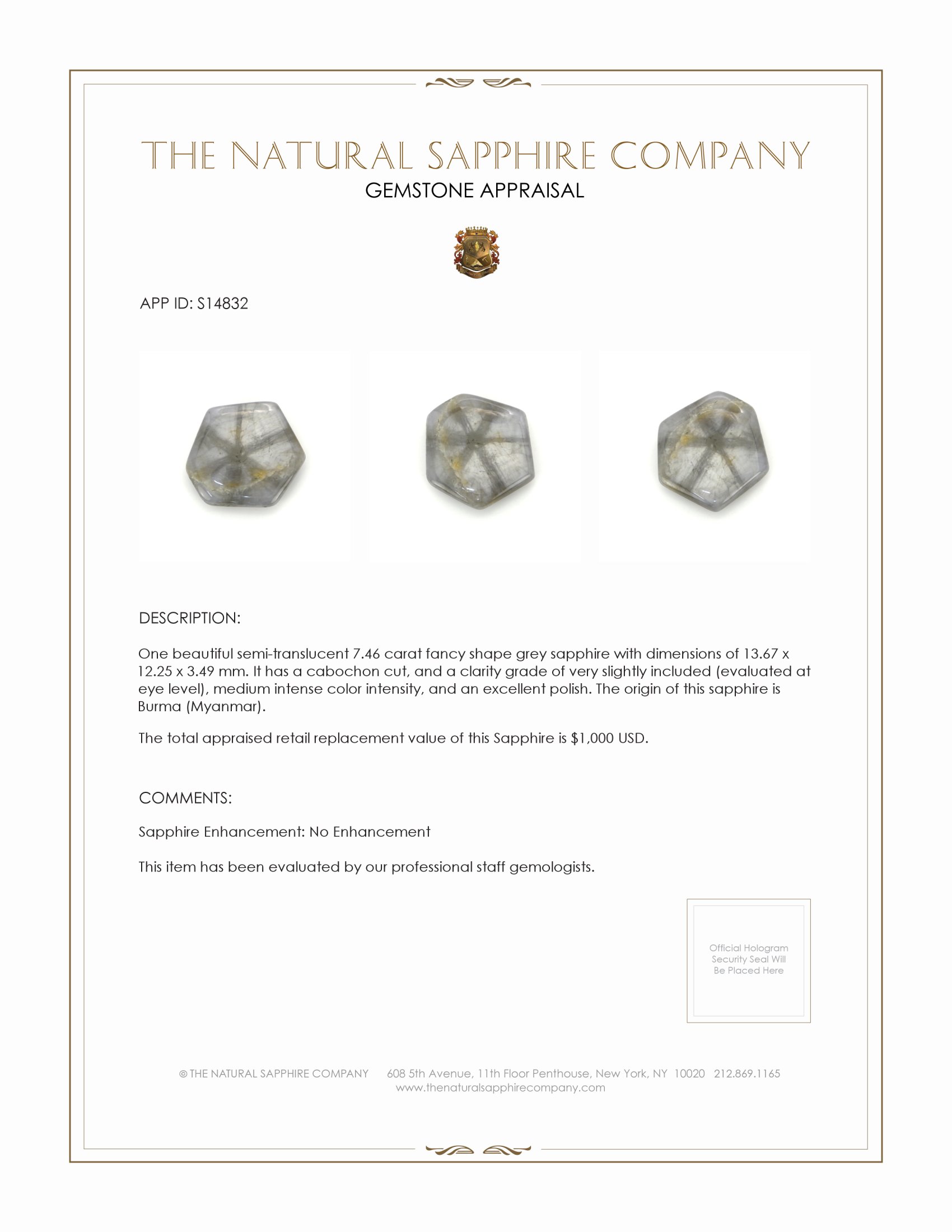 7.46 Ct. Grey Cabochon Sapphire from Burma (Myanmar)