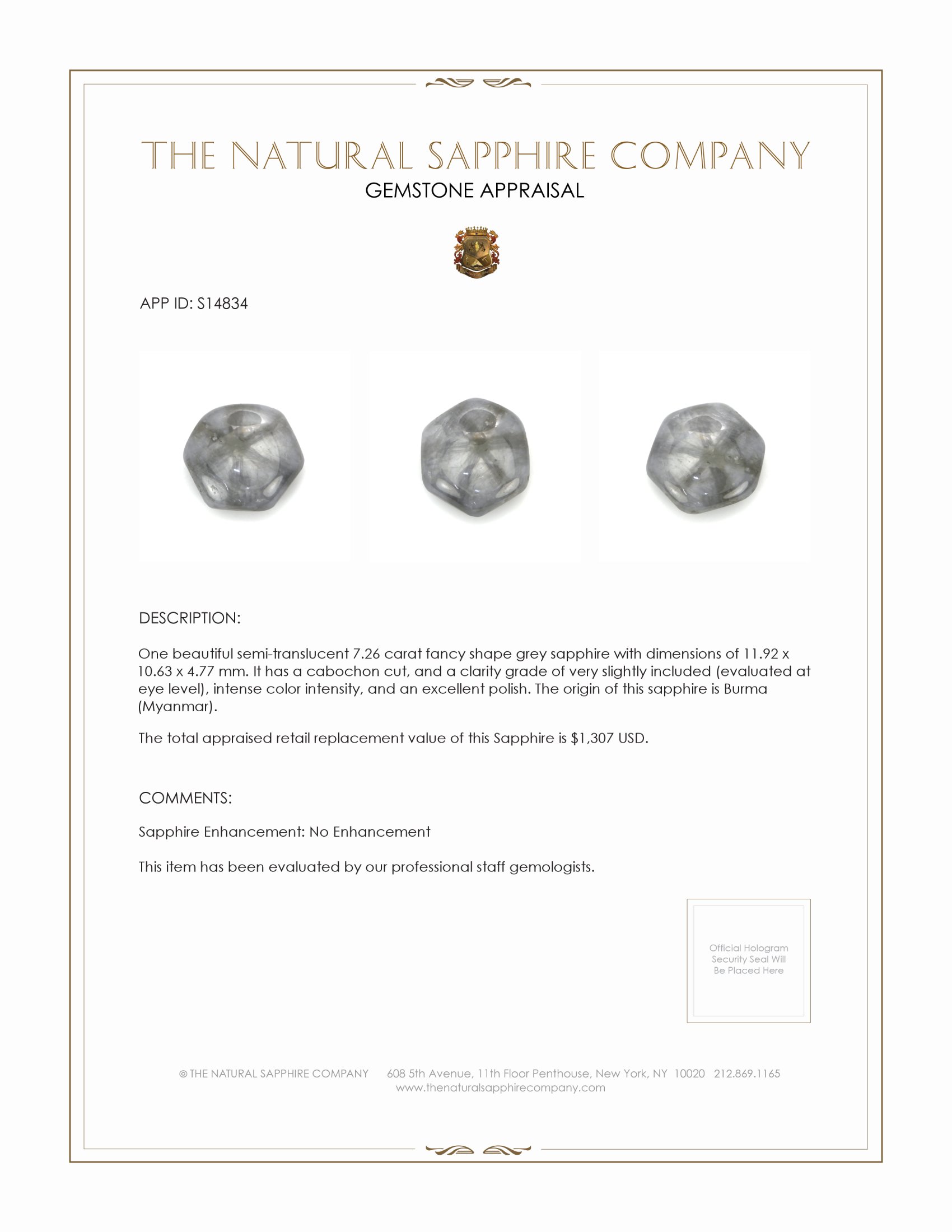 7.26 Ct. Grey Cabochon Sapphire from Burma (Myanmar)