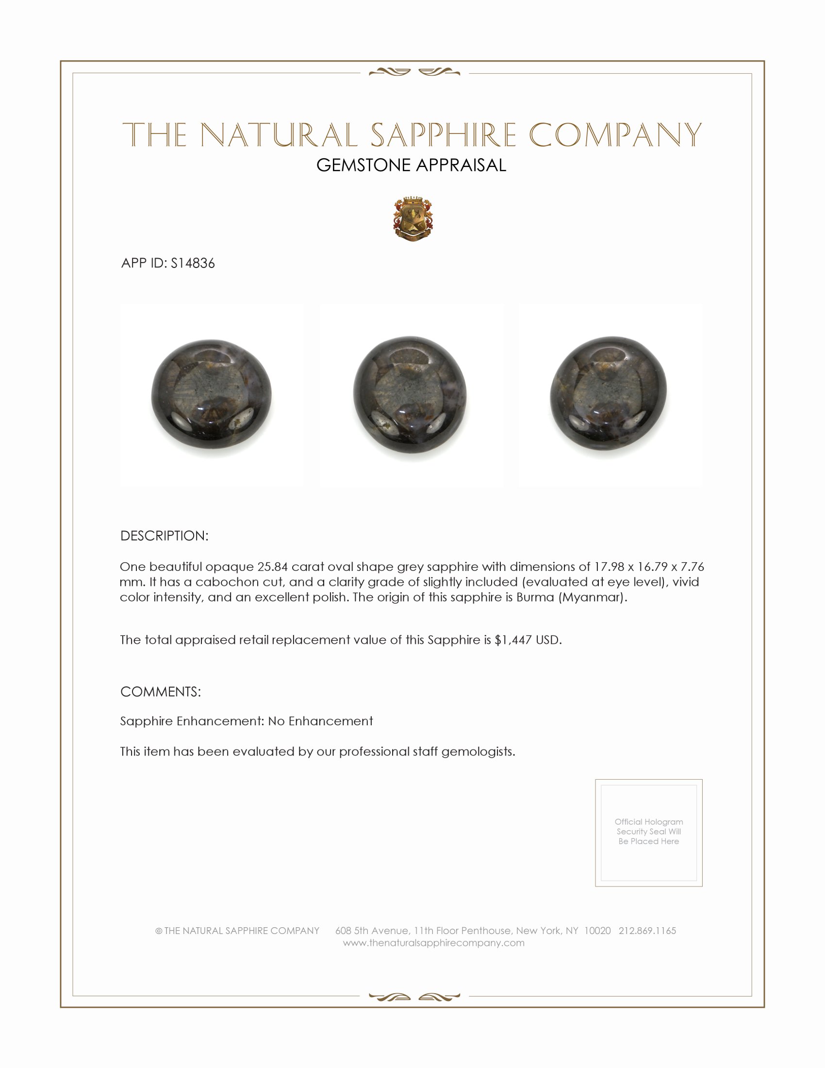 25.84 Ct. Grey Cabochon Sapphire from Burma (Myanmar)