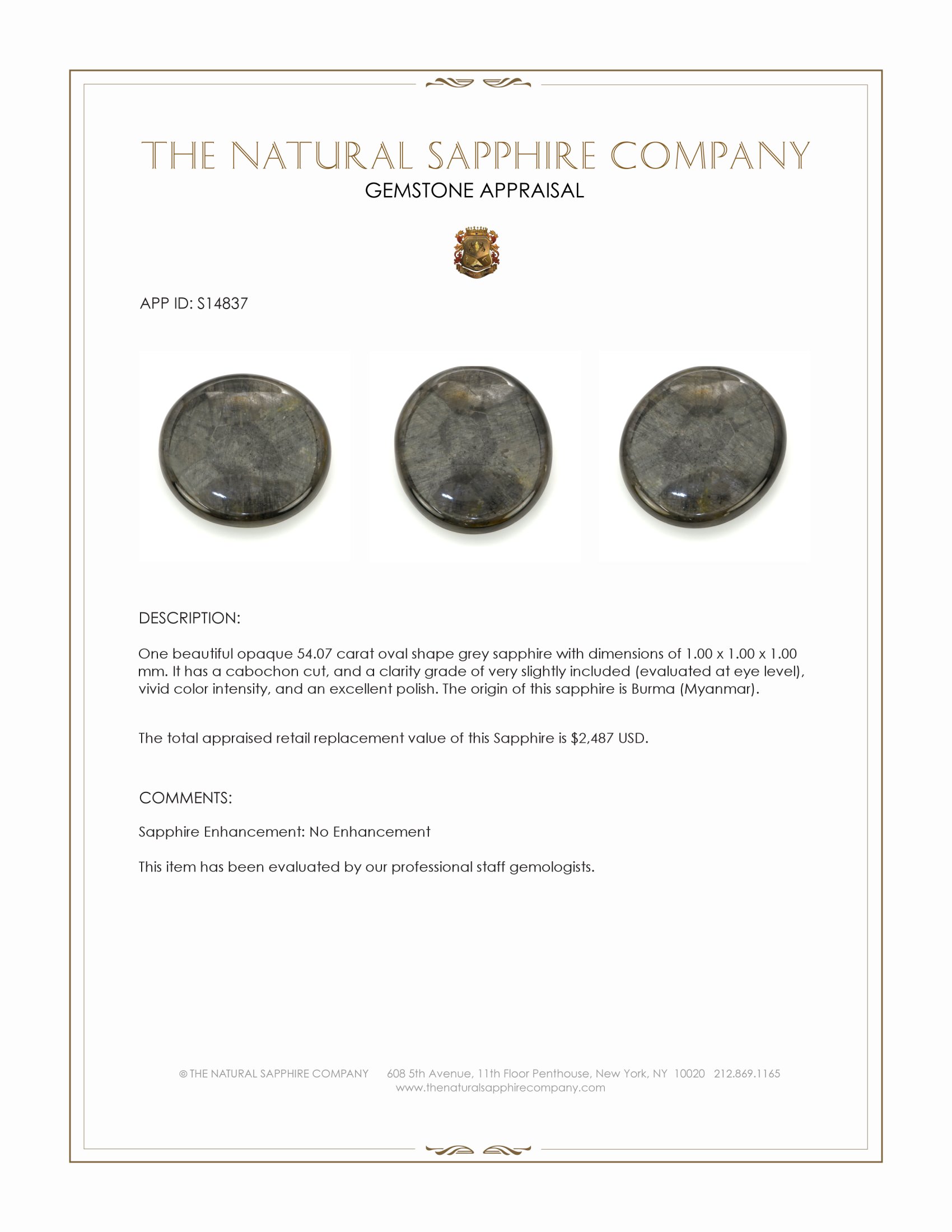 54.07 Ct. Grey Cabochon Sapphire from Burma (Myanmar)