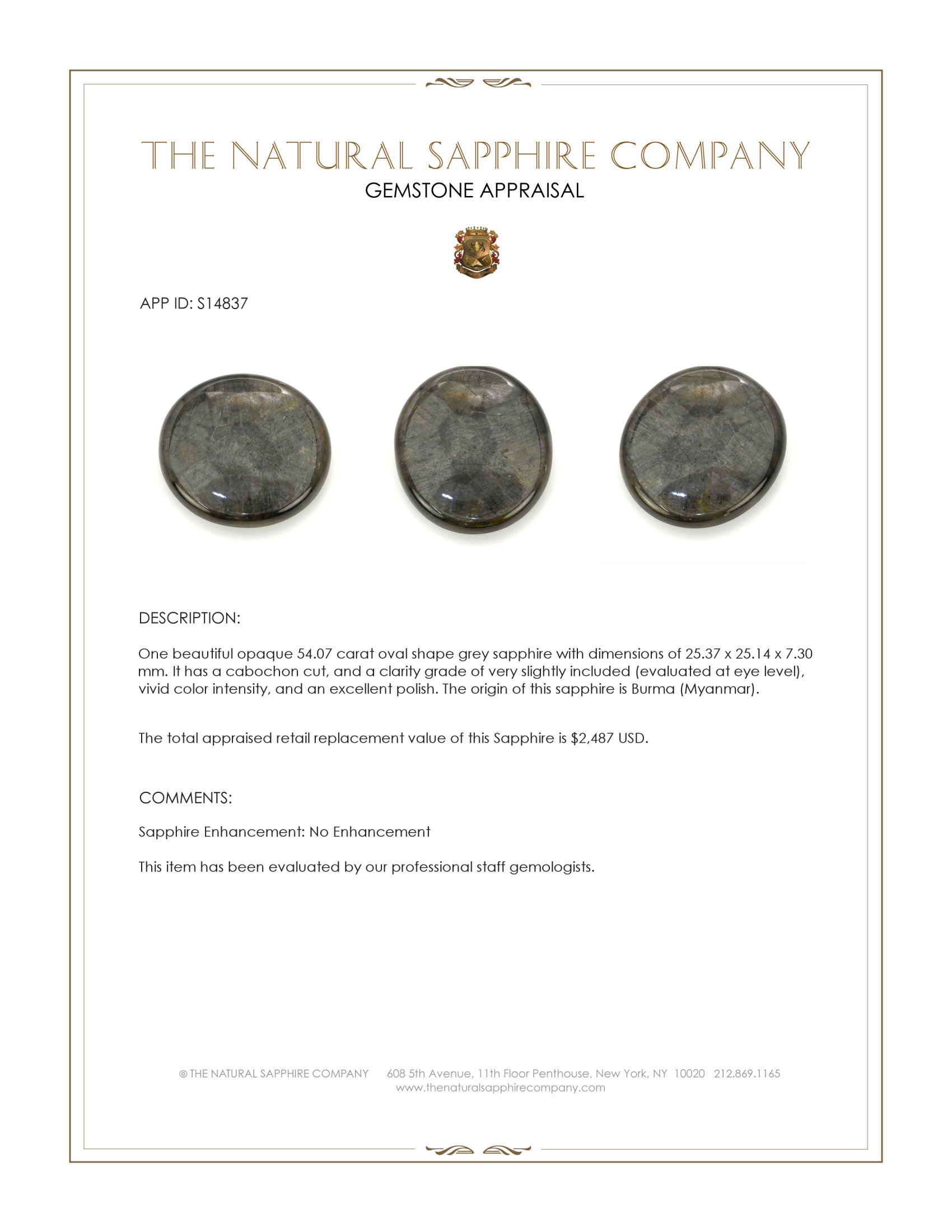 54.07 Ct. Grey Cabochon Sapphire from Burma (Myanmar)