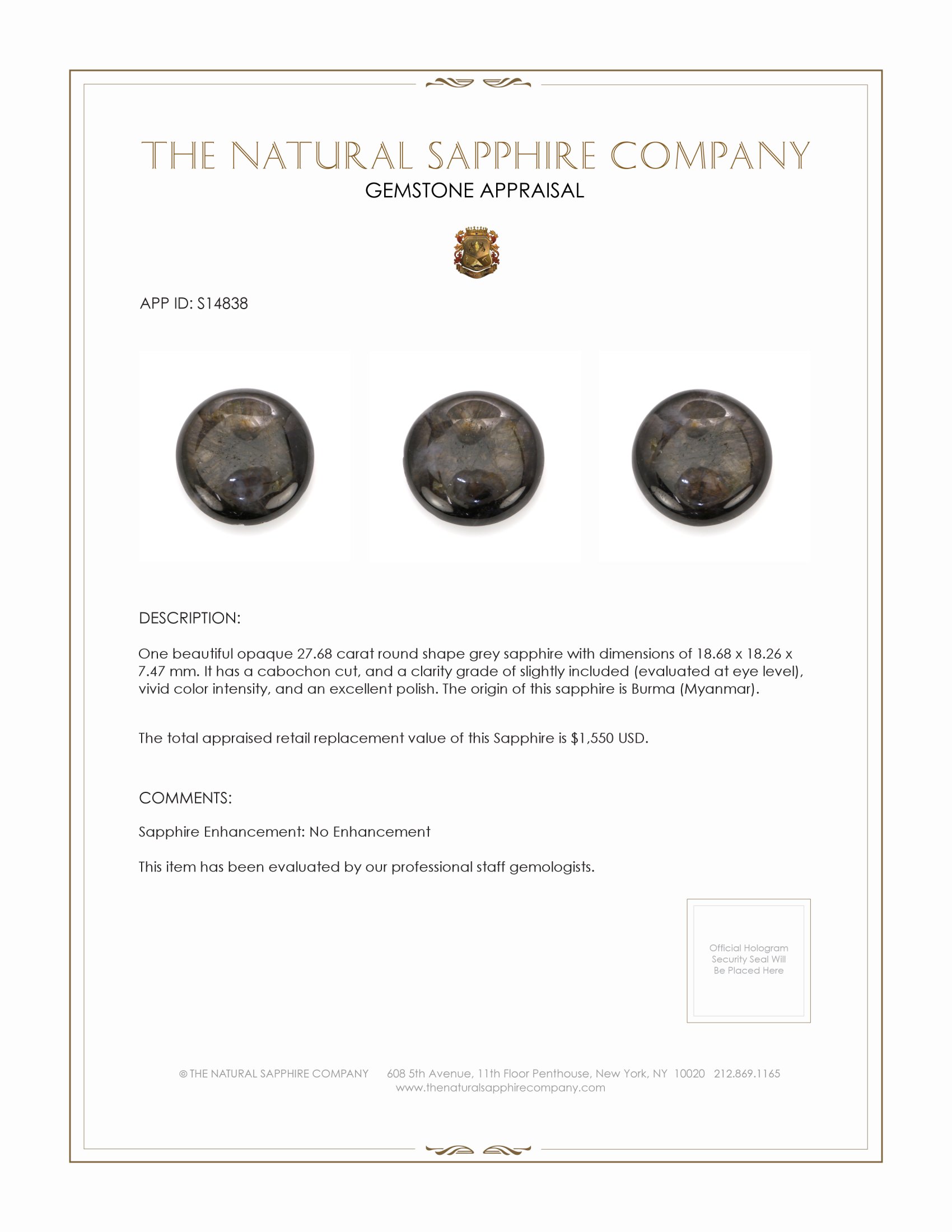 27.68 Ct. Grey Cabochon Sapphire from Burma (Myanmar)