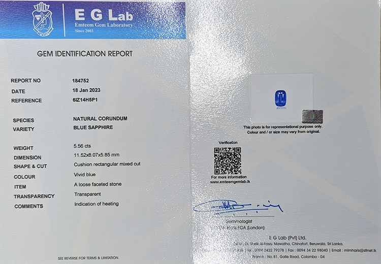 5.56 Ct. Blue Sapphire from Ceylon (Sri Lanka)