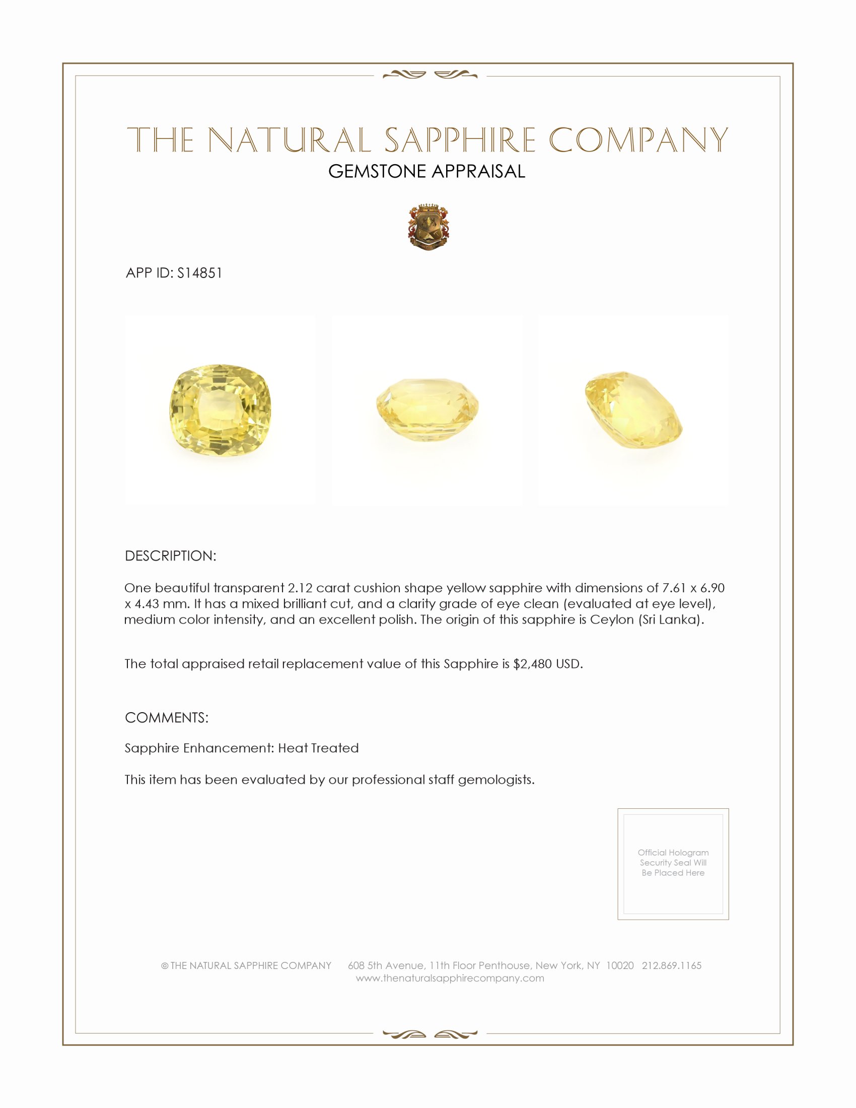 2.12 Ct. Yellow Sapphire from Ceylon (Sri Lanka)