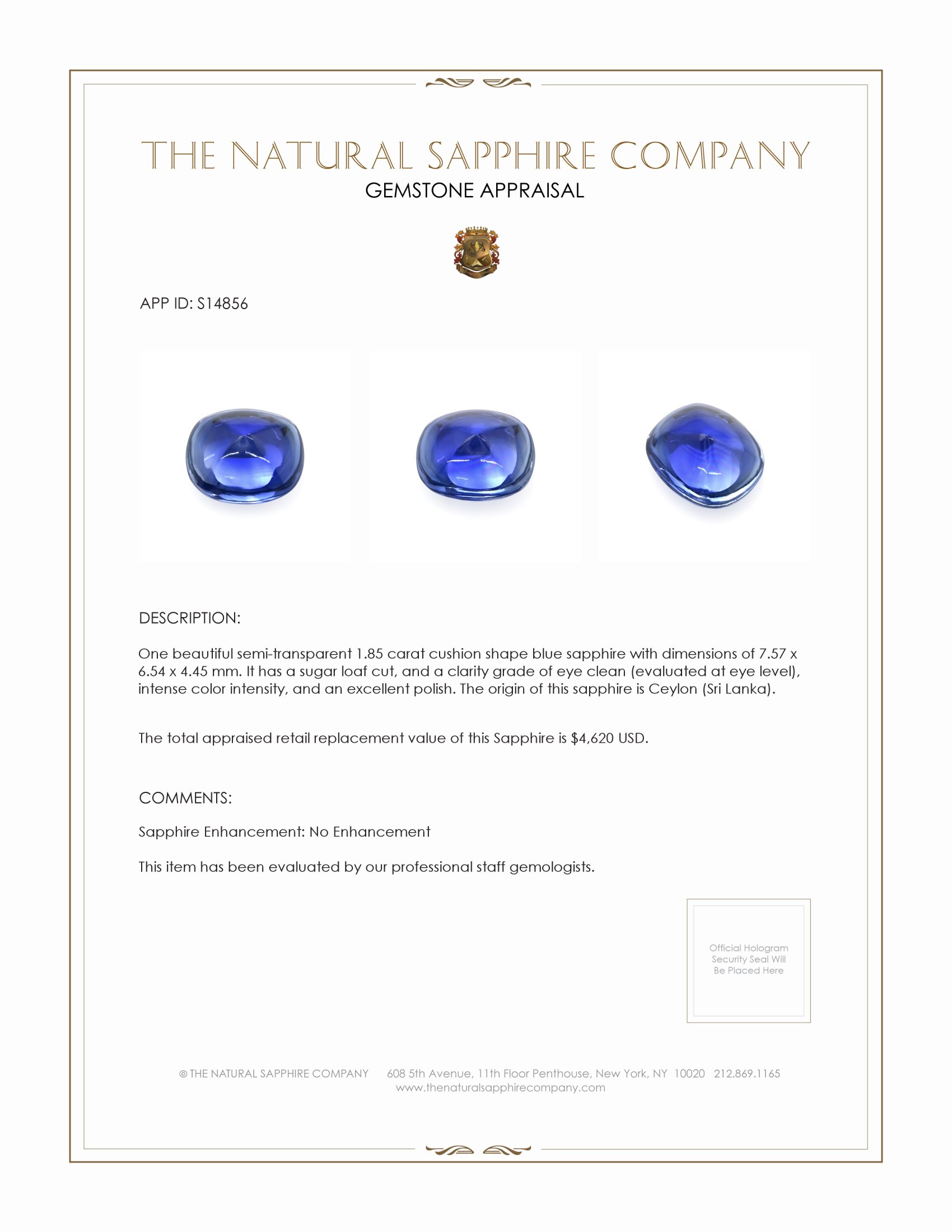 1.85 Ct. Blue Cabochon Sapphire from Ceylon (Sri Lanka)