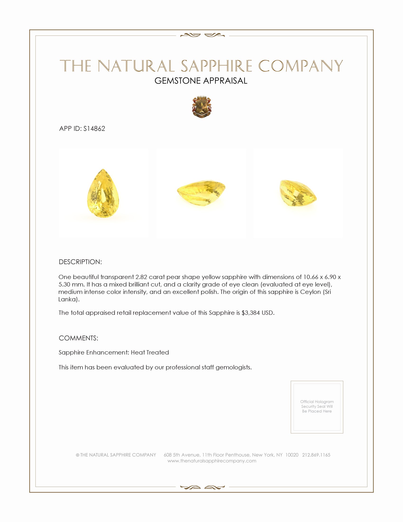 2.82 Ct. Yellow Sapphire from Ceylon (Sri Lanka)