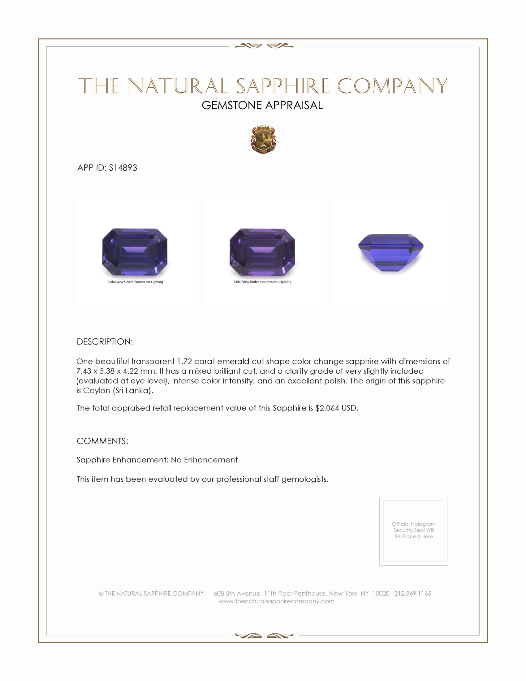 1.72 Ct. Color Change Sapphire from Ceylon (Sri Lanka)