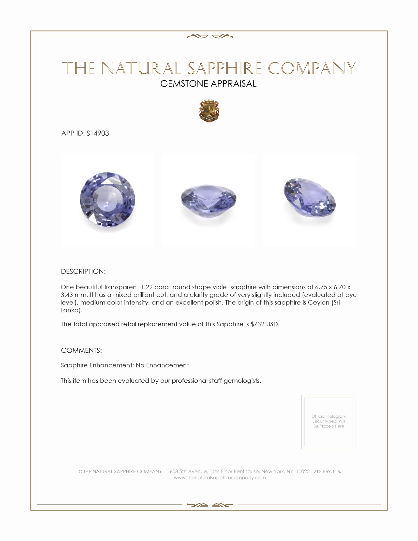 1.22 Ct. Violet Sapphire from Ceylon (Sri Lanka)