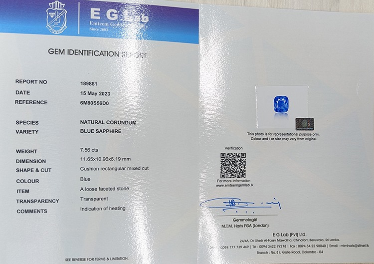 7.56 Ct. Blue Sapphire from Ceylon (Sri Lanka)