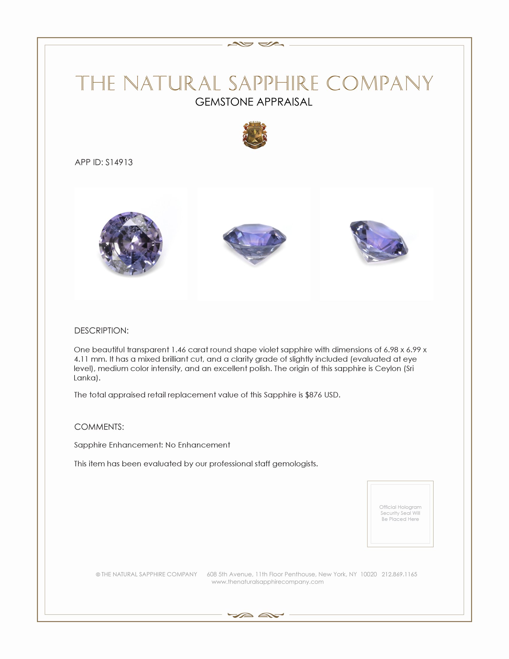 1.46 Ct. Violet Sapphire from Ceylon (Sri Lanka)