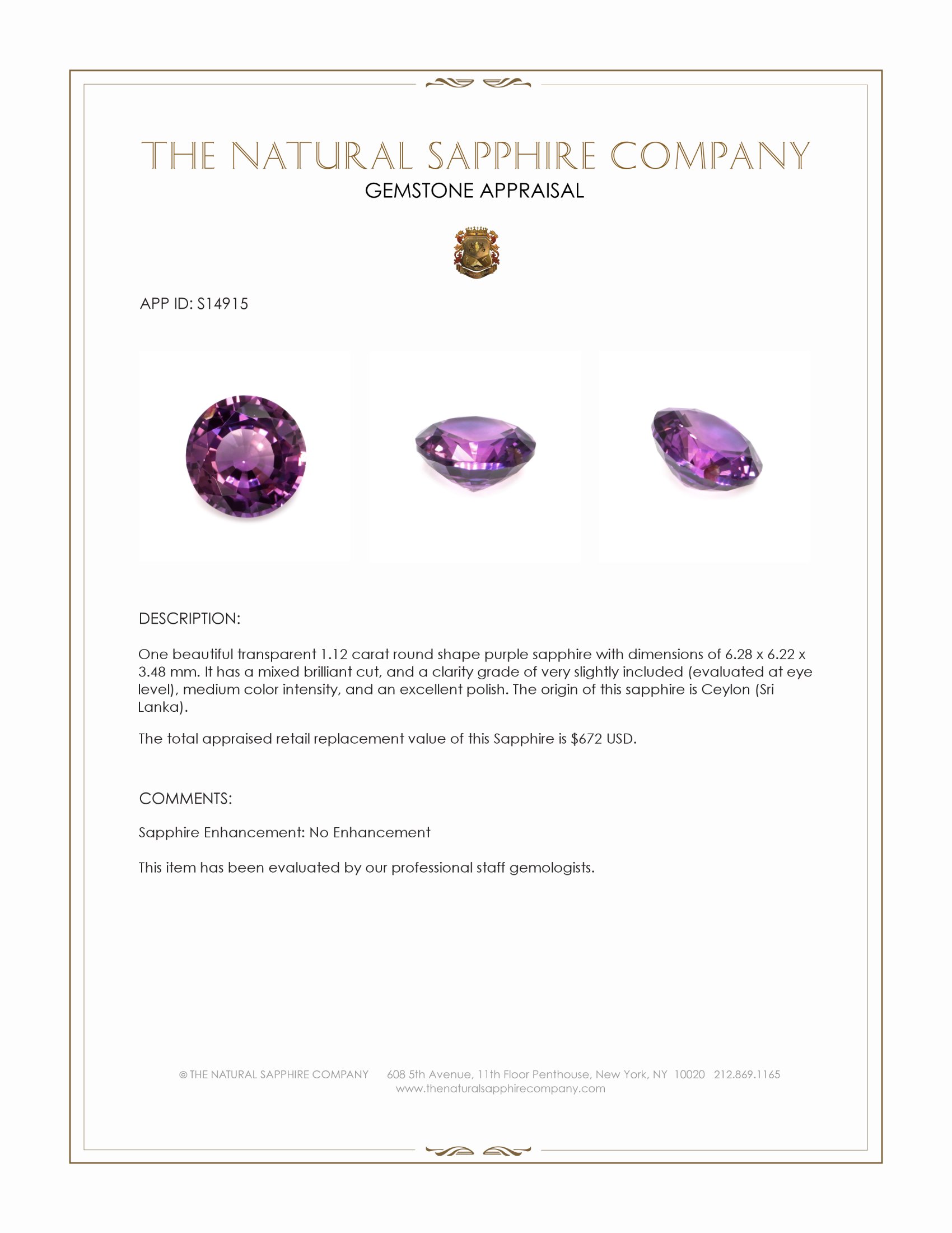 1.12 Ct. Purple Sapphire from Ceylon (Sri Lanka)
