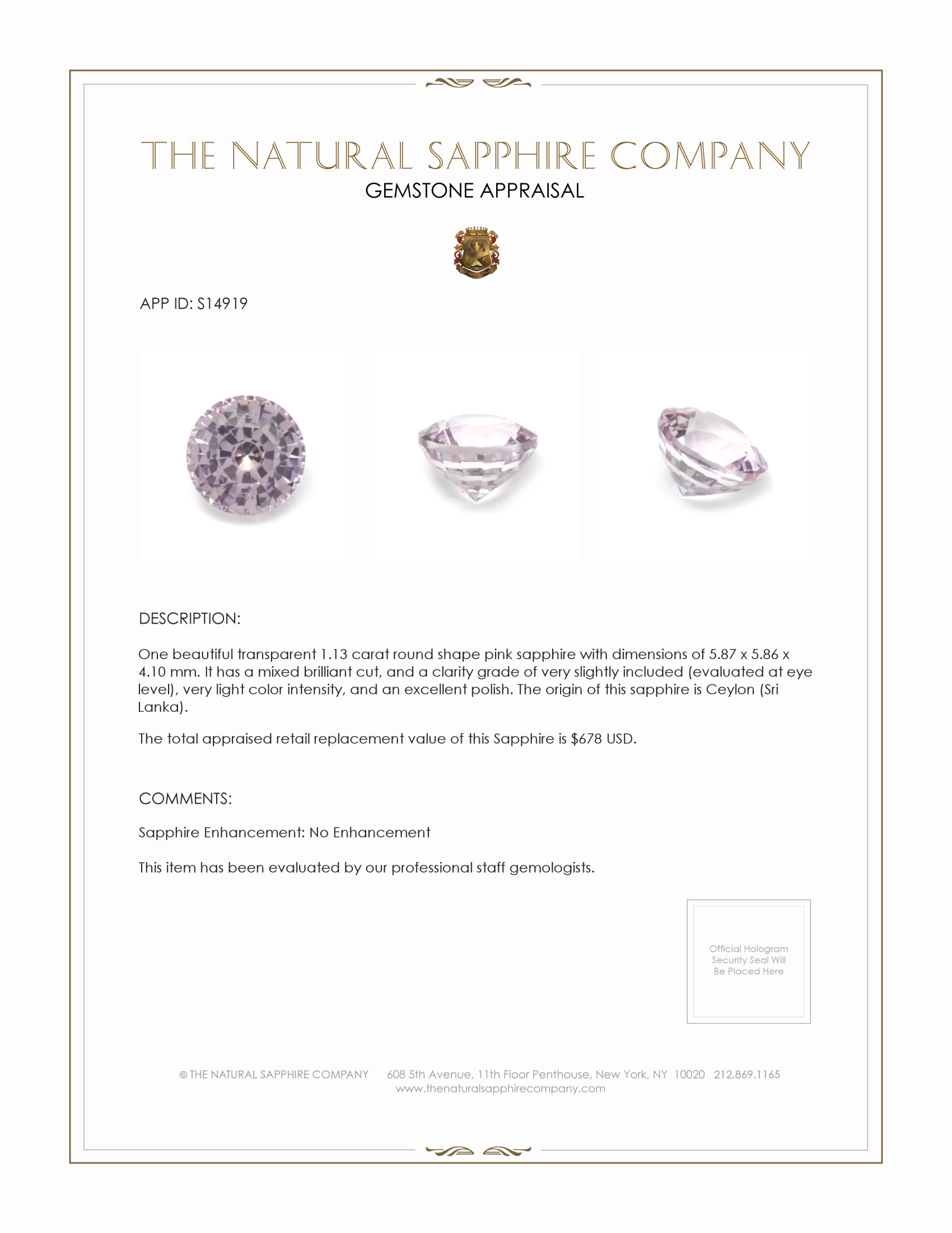 1.13 Ct. Pink Sapphire from Ceylon (Sri Lanka)