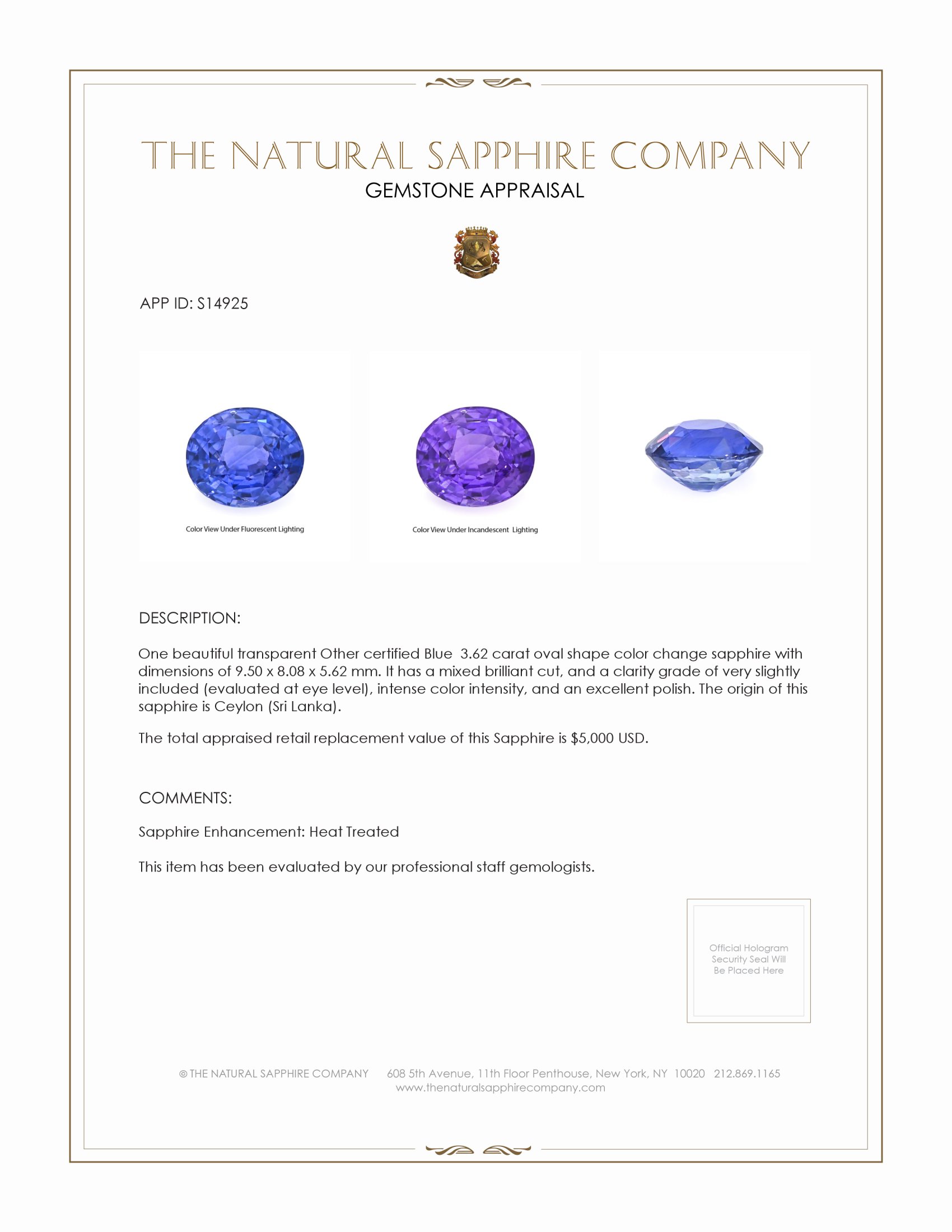 3.62 Ct. Color Change Sapphire from Ceylon (Sri Lanka)