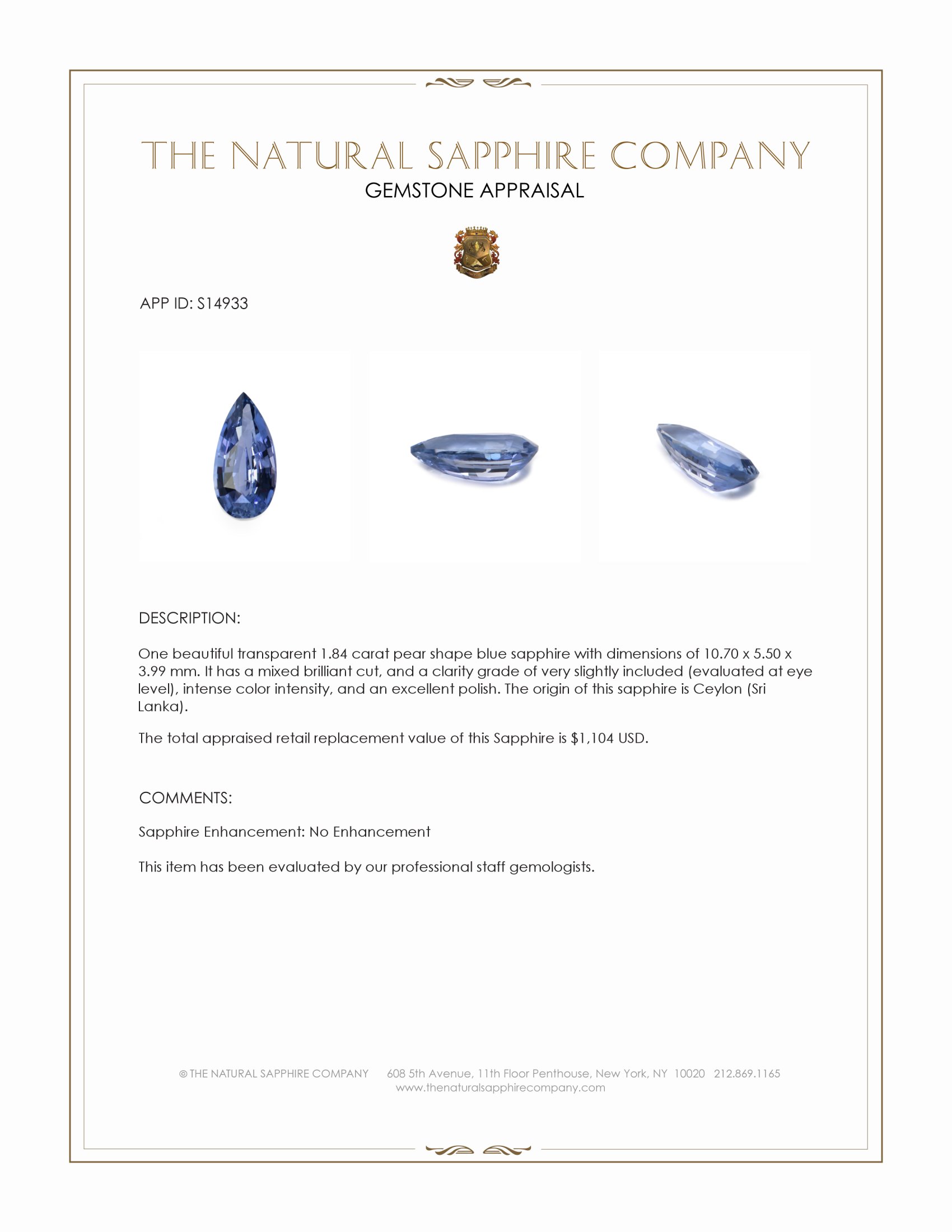 1.84 Ct. Blue Sapphire from Ceylon (Sri Lanka)