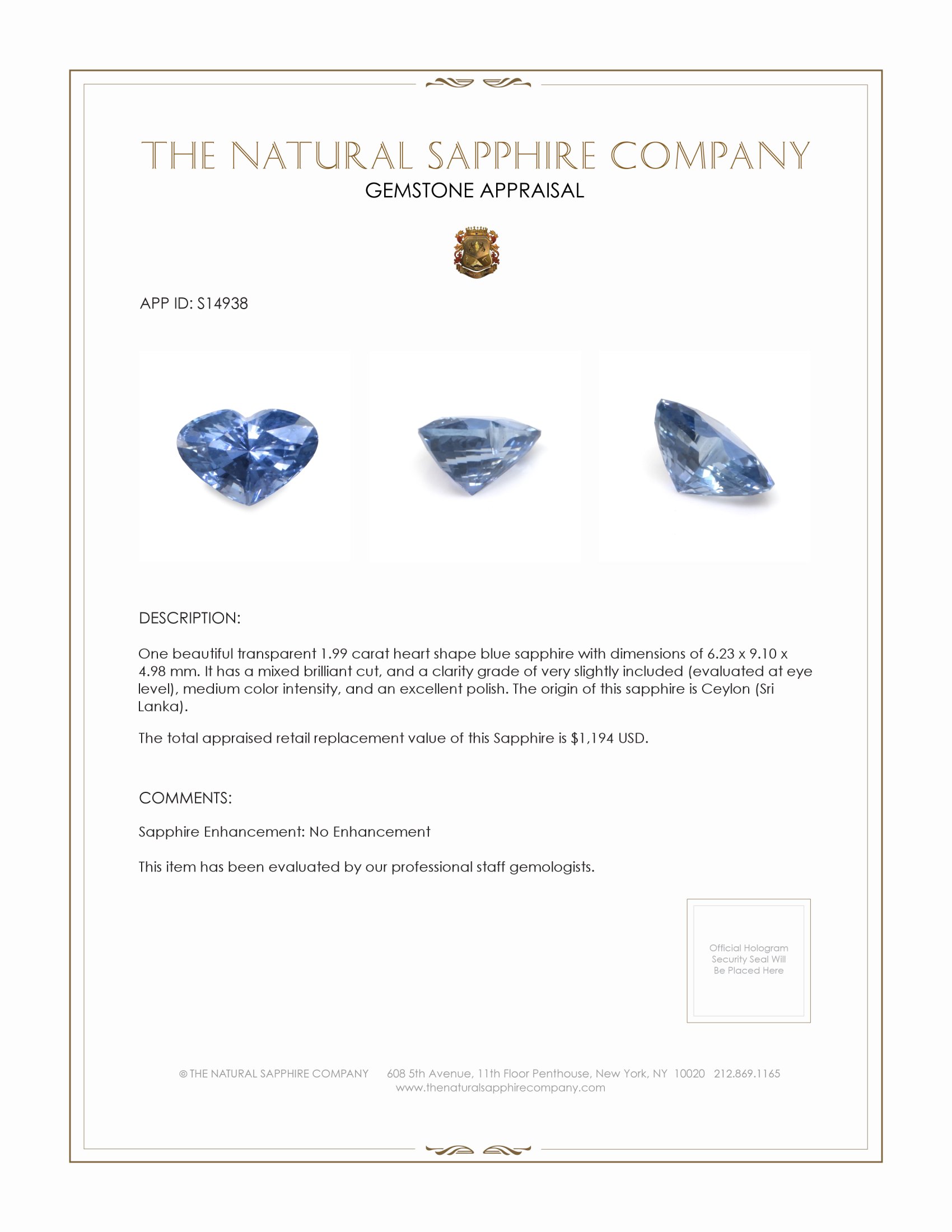 1.99 Ct. Blue Sapphire from Ceylon (Sri Lanka)