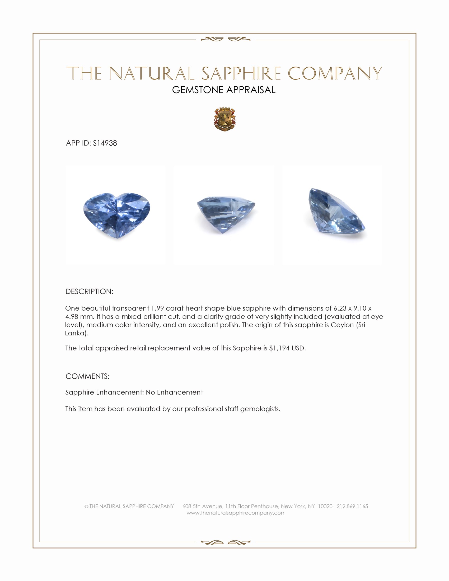1.99 Ct. Blue Sapphire from Ceylon (Sri Lanka)