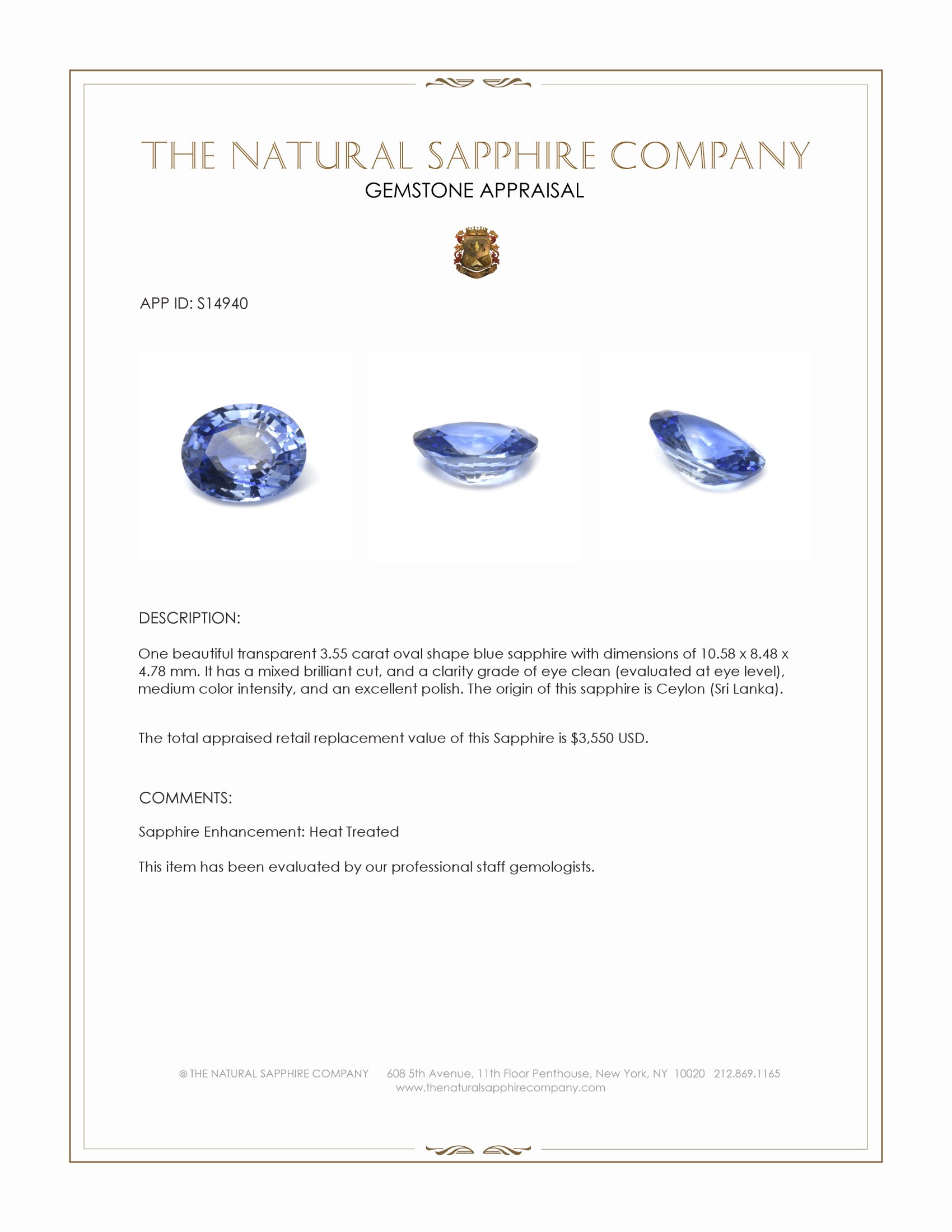3.55 Ct. Blue Sapphire from Ceylon (Sri Lanka)