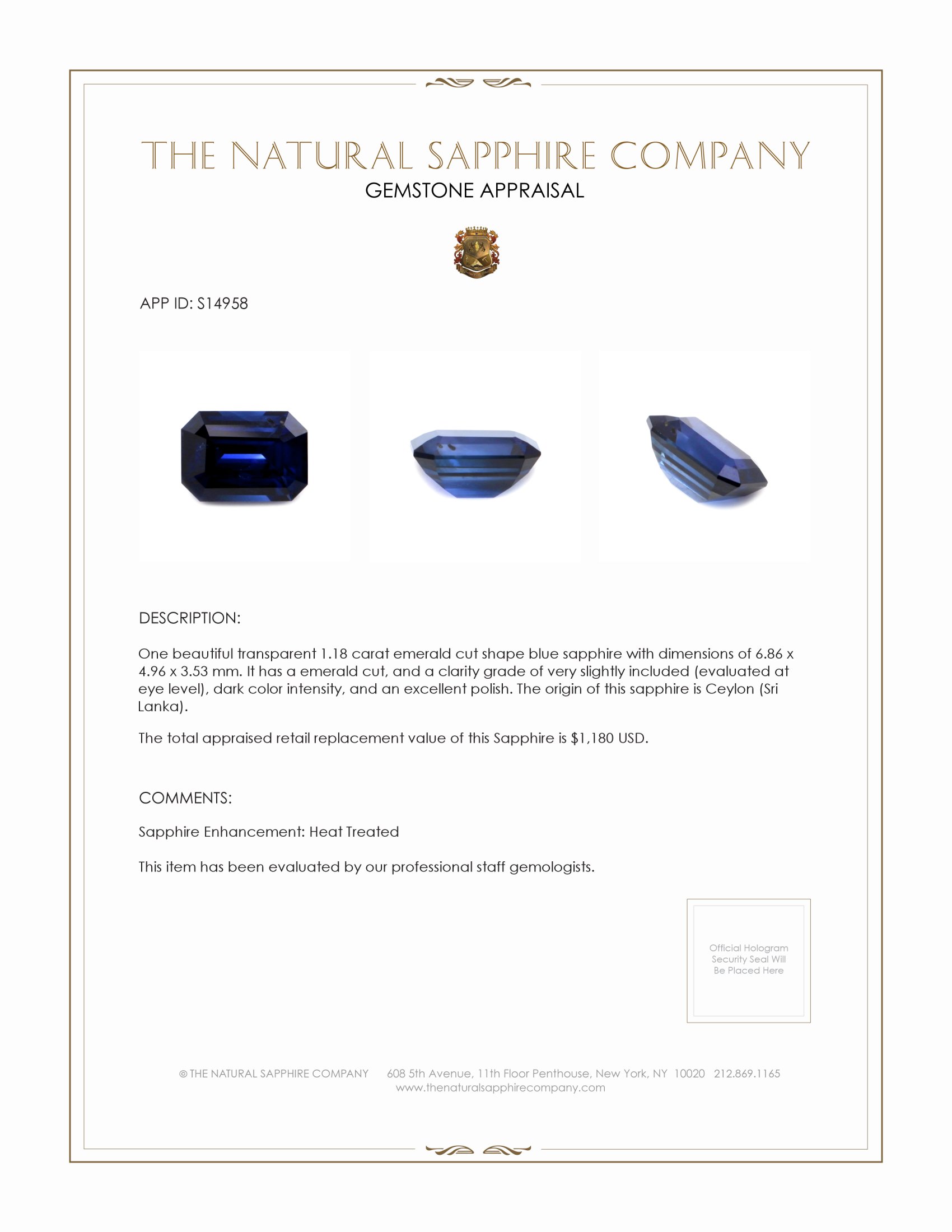 1.18 Ct. Blue Sapphire from Ceylon (Sri Lanka)