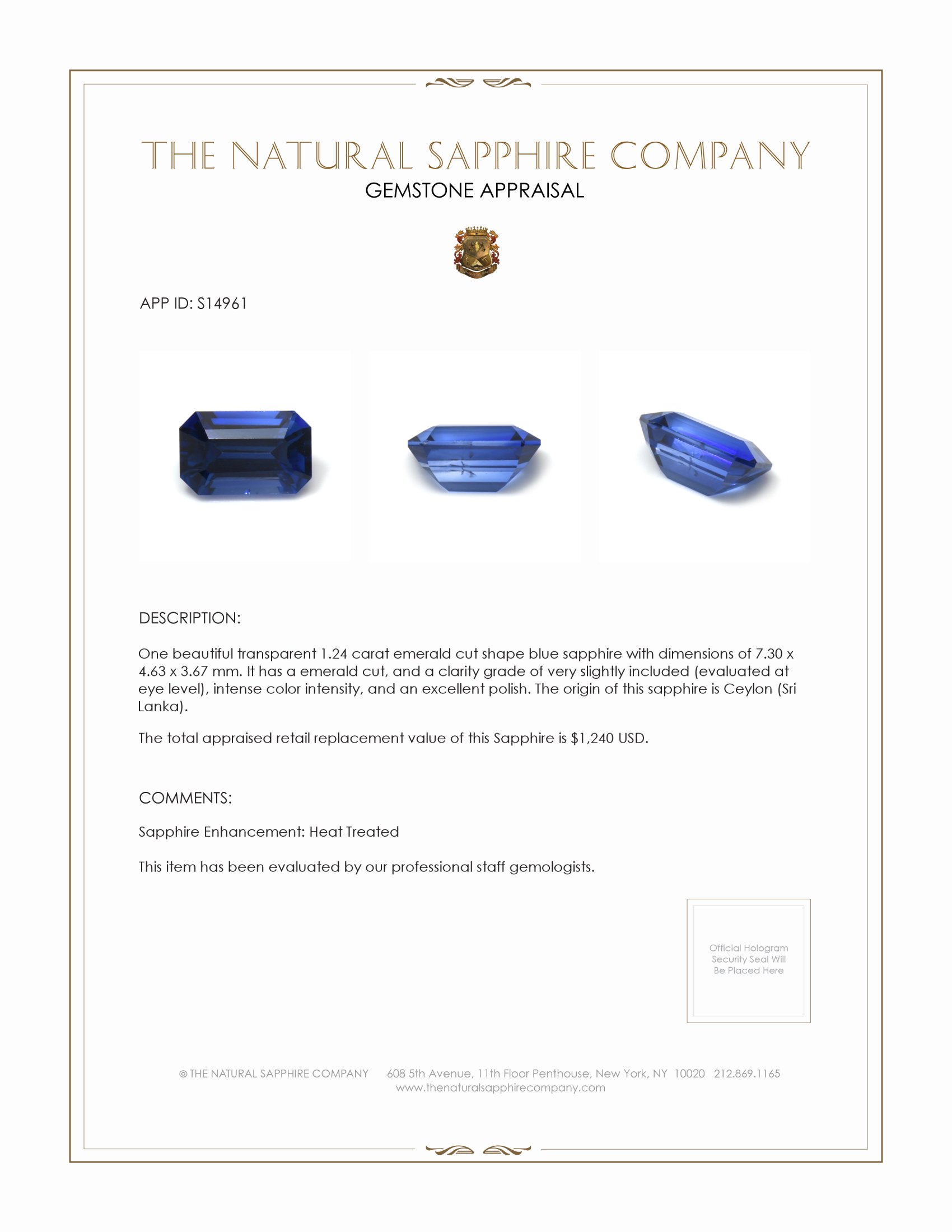 1.24 Ct. Blue Sapphire from Ceylon (Sri Lanka)