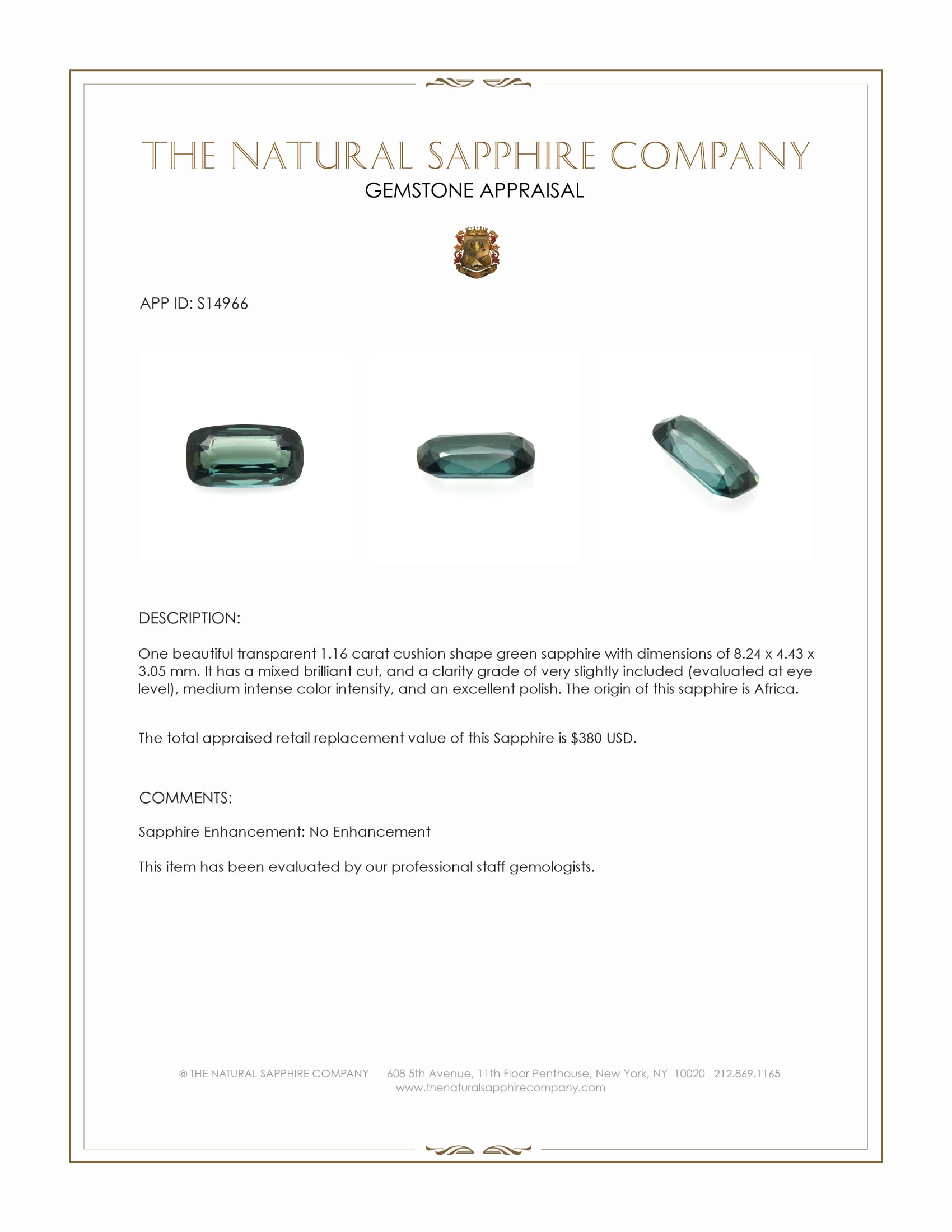 1.16 Ct. Green Sapphire from Africa