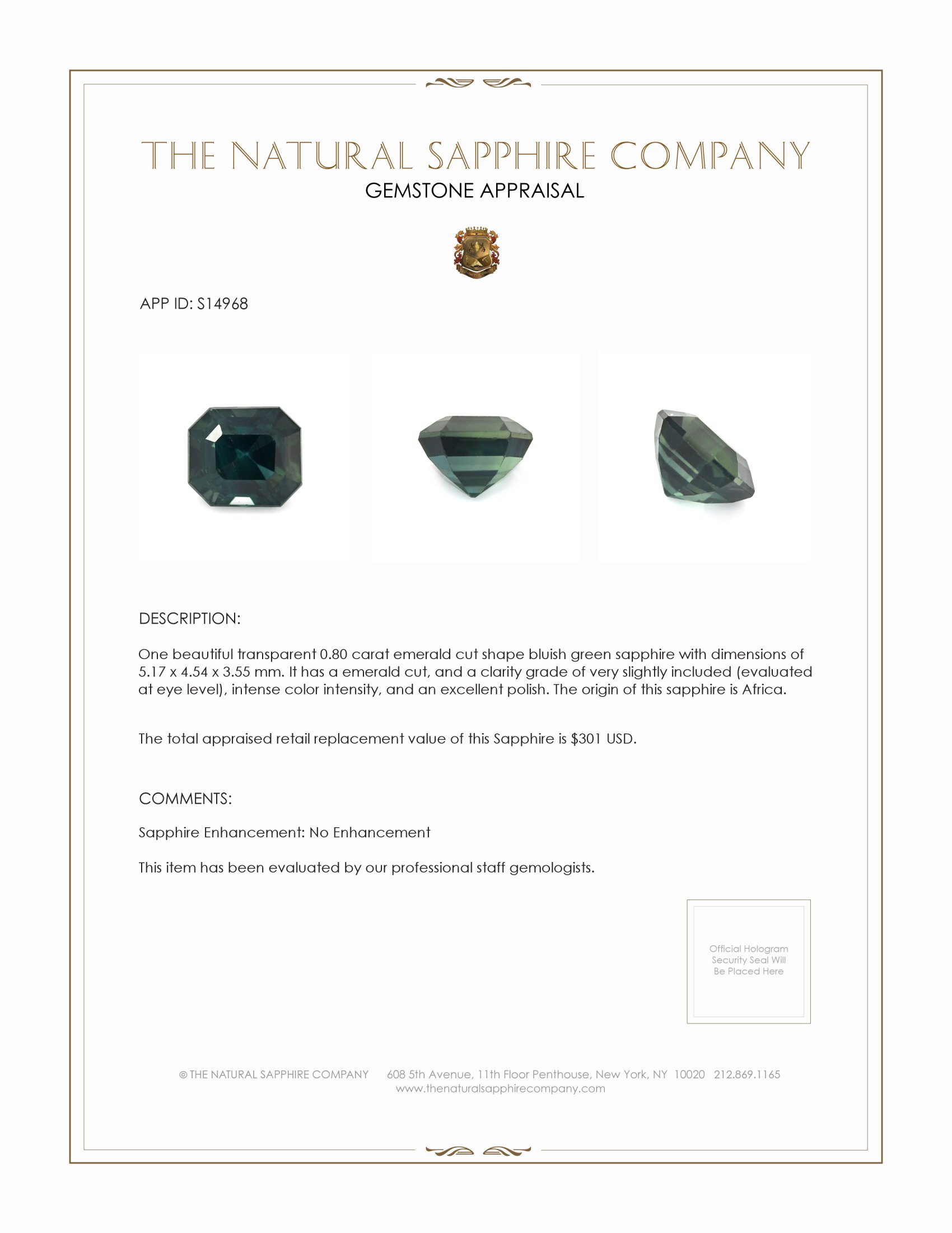 0.80 Ct. Bluish Green Sapphire from Africa